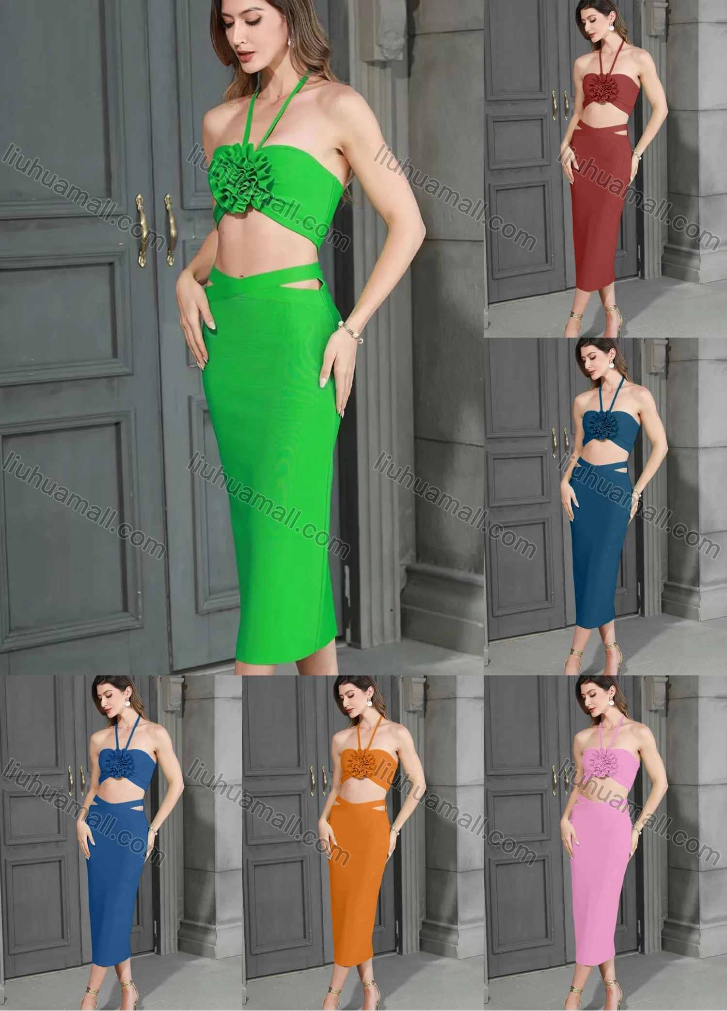 Wholesale Women's Sexy Halter Backless 3D Floral Midi Evening Dress - Liuhuamall