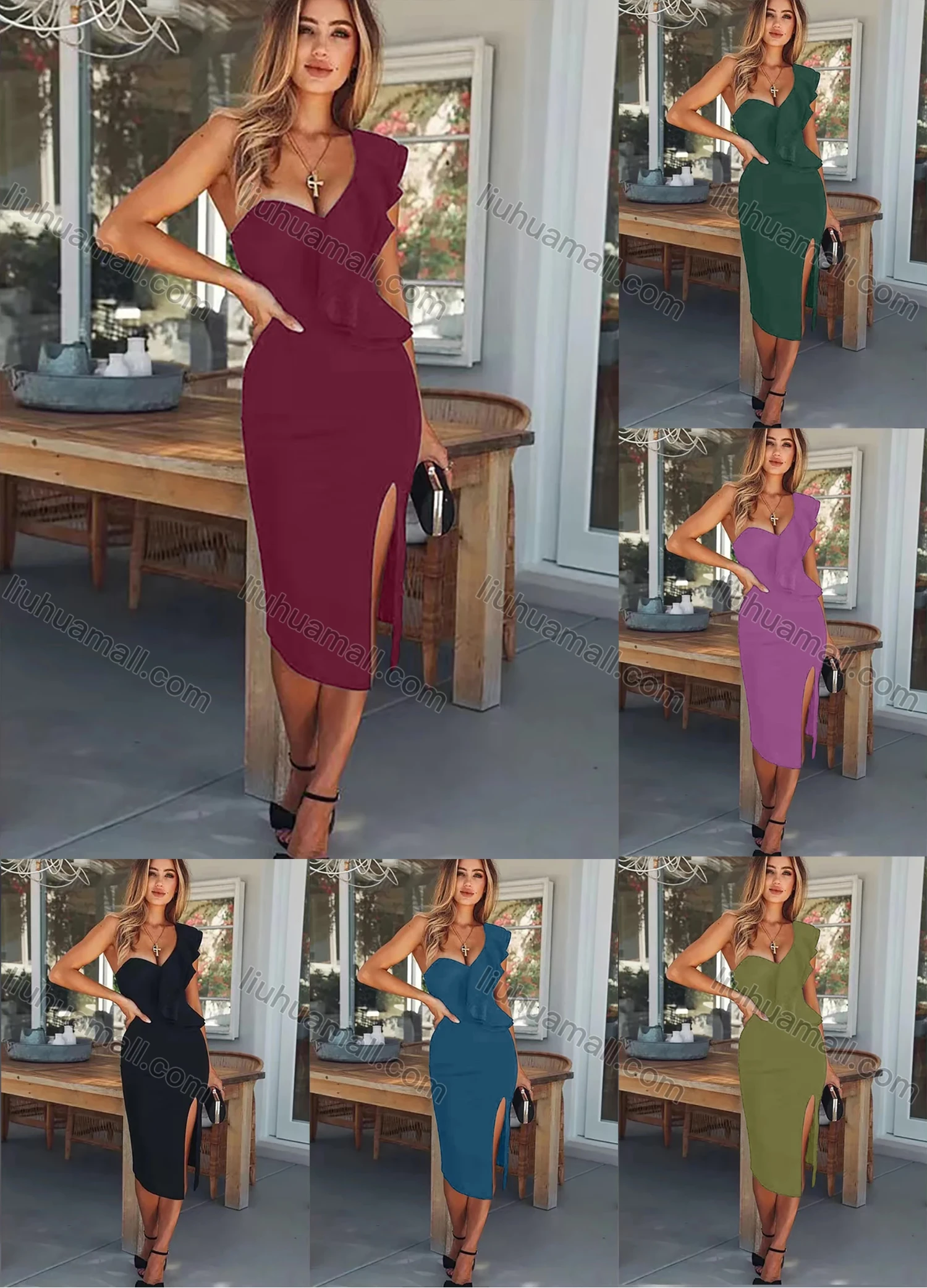Wholesale Women's Sexy One Shoulder Slim Fit Split Thign Layered Midi Dress - Liuhuamall