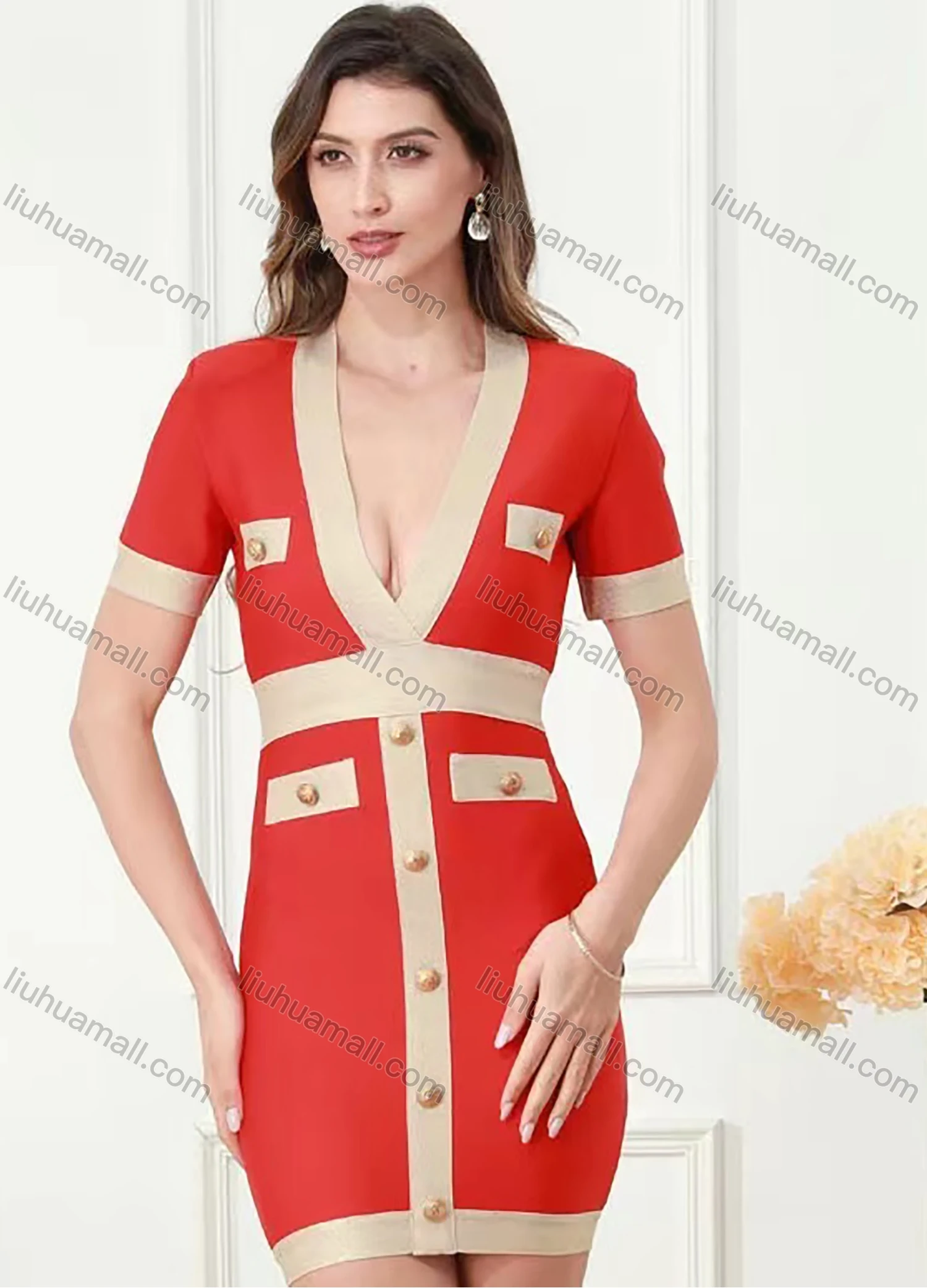 Wholesale Women's Sexy Deep V Neck Colorblock Button Decor Fake Pocket Bodycon Mini Dress - Liuhuamall