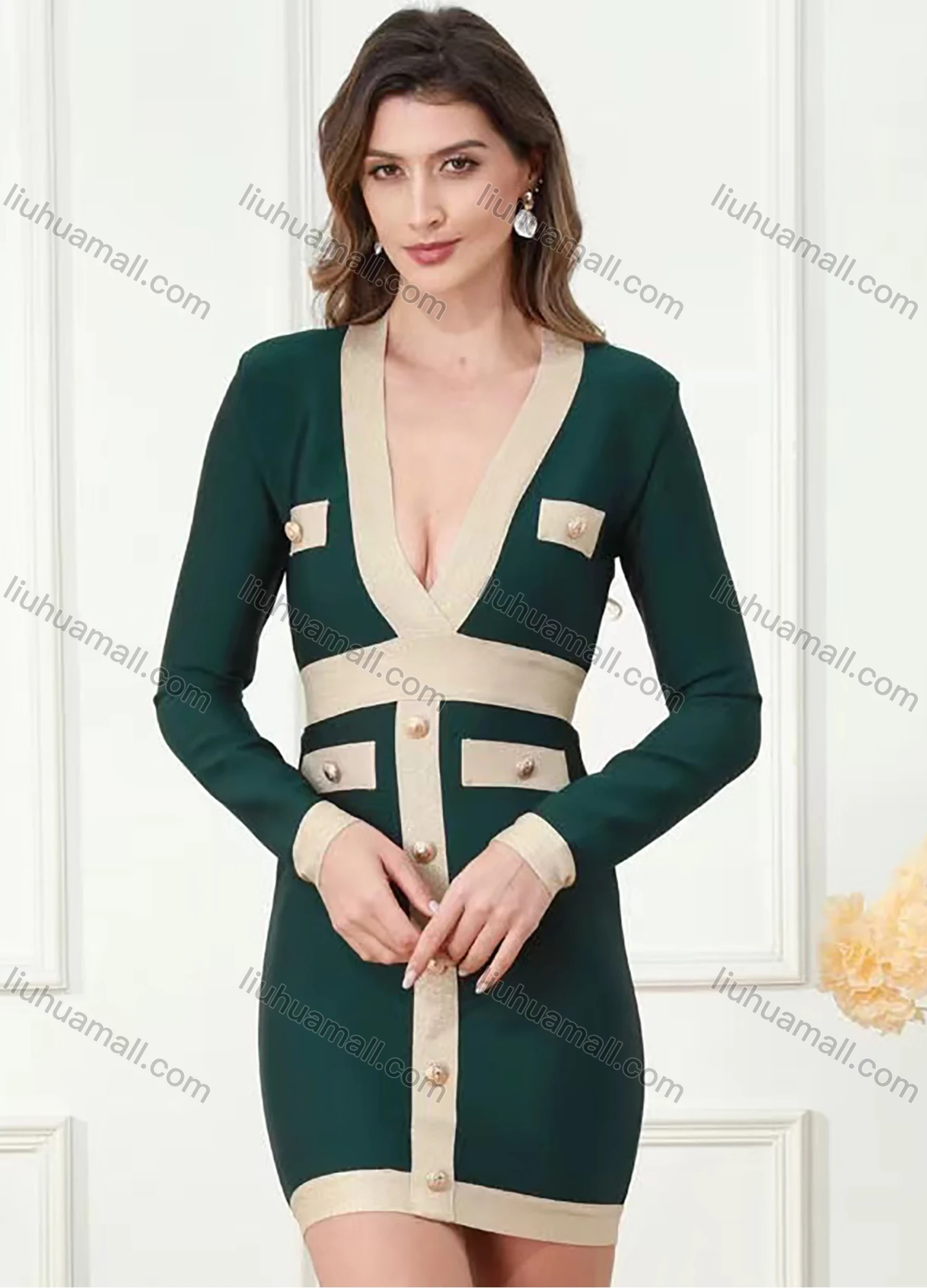 Wholesale Women's Sexy Deep V Neck Colorblock Button Decor Fake Pocket Bodycon Mini Dress - Liuhuamall