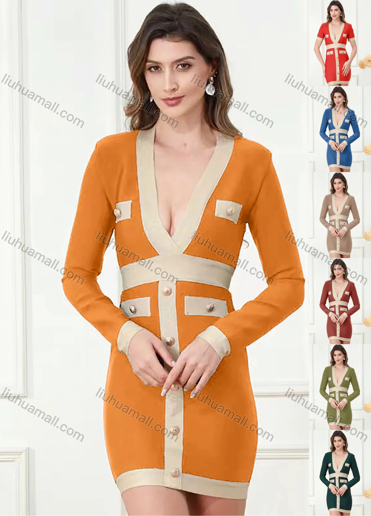 Wholesale Women's Sexy Deep V Neck Colorblock Button Decor Fake Pocket Bodycon Mini Dress - Liuhuamall