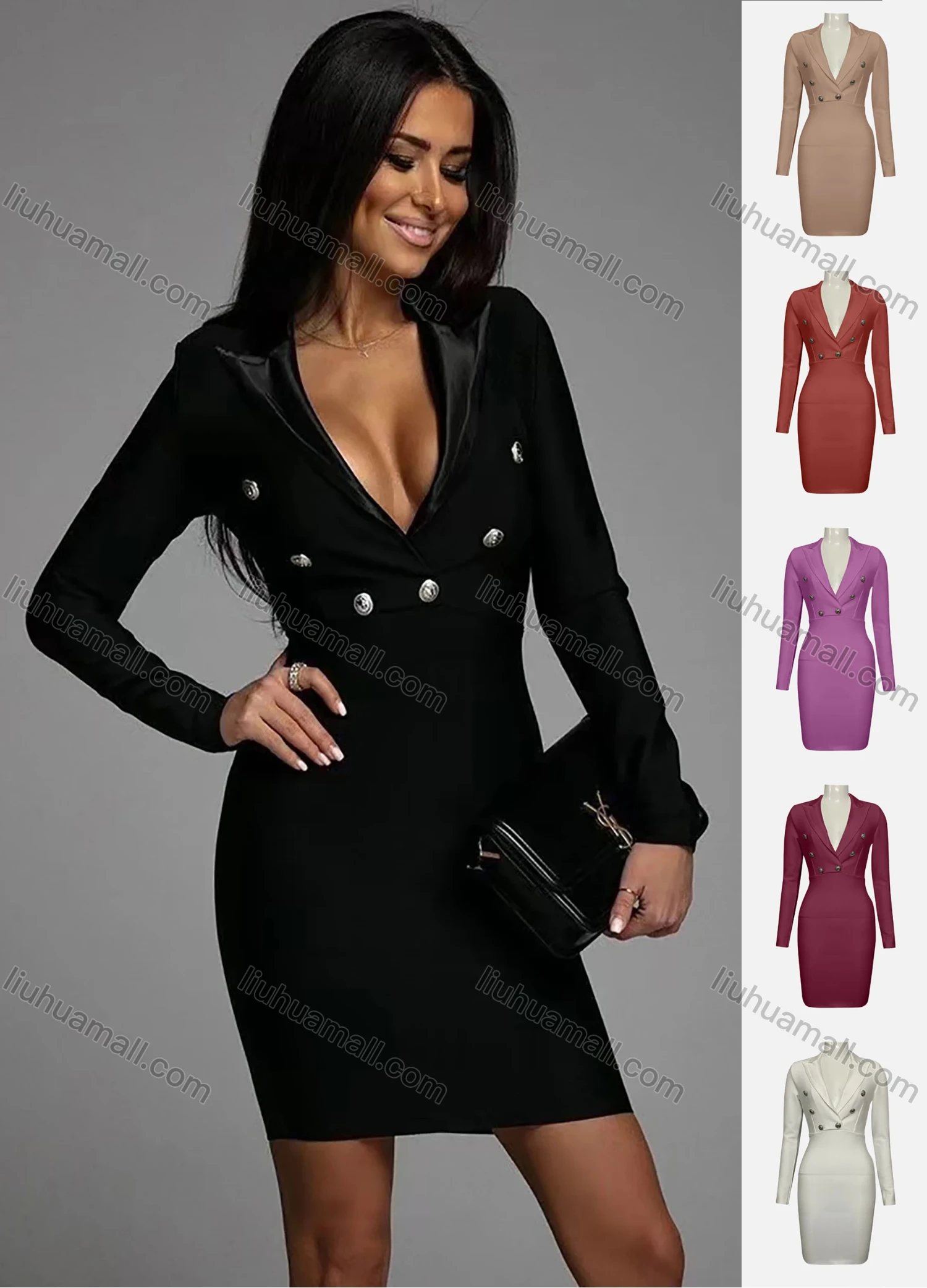 Wholesale Women's Casual Lapel Long Sleeve Button Decor Mini Dress - Liuhuamall