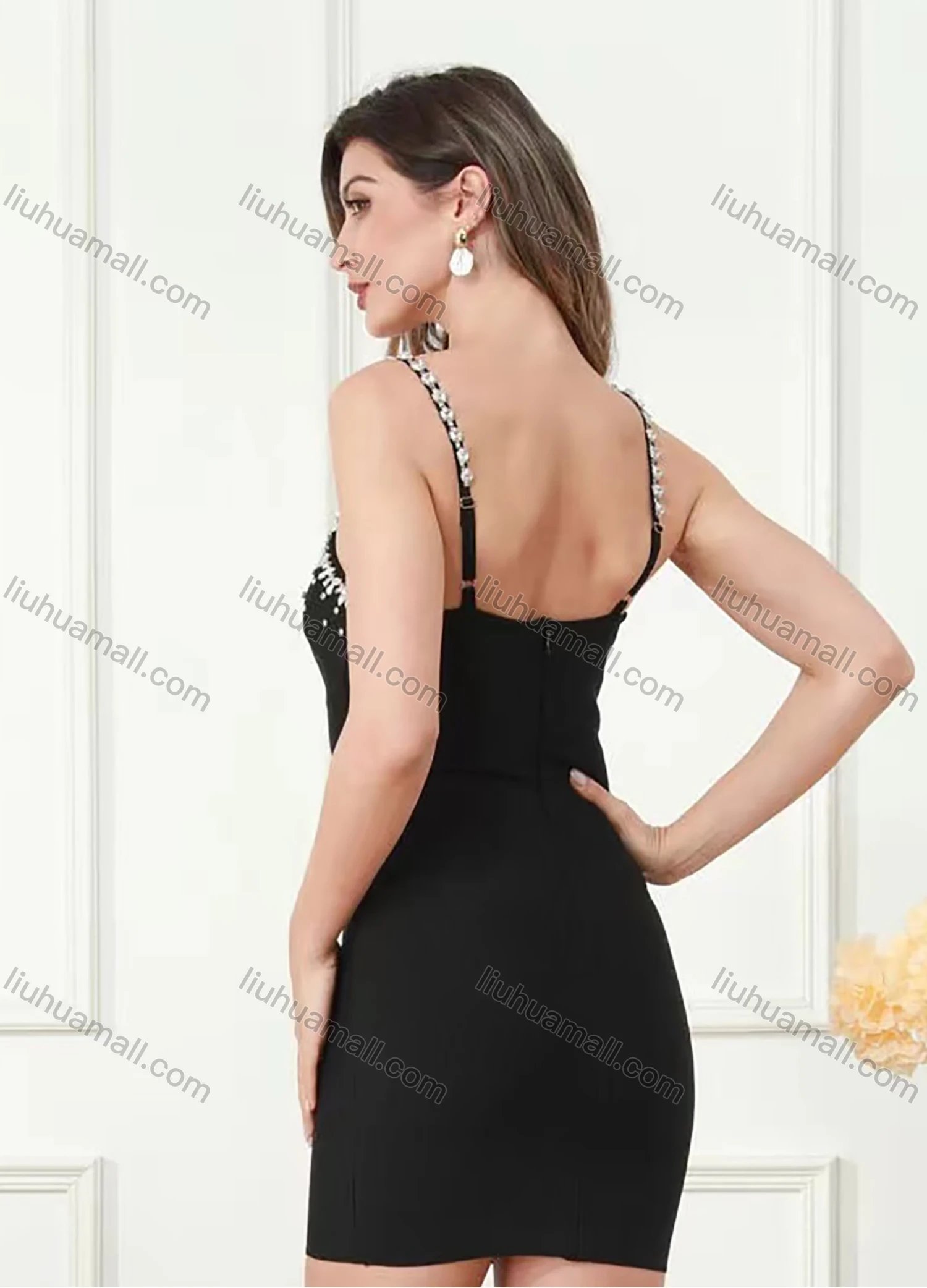 Wholesale Women's Sexy Spaghetti Straps Deep V Neck Rhintstone Mini Evening Dress - Liuhuamall