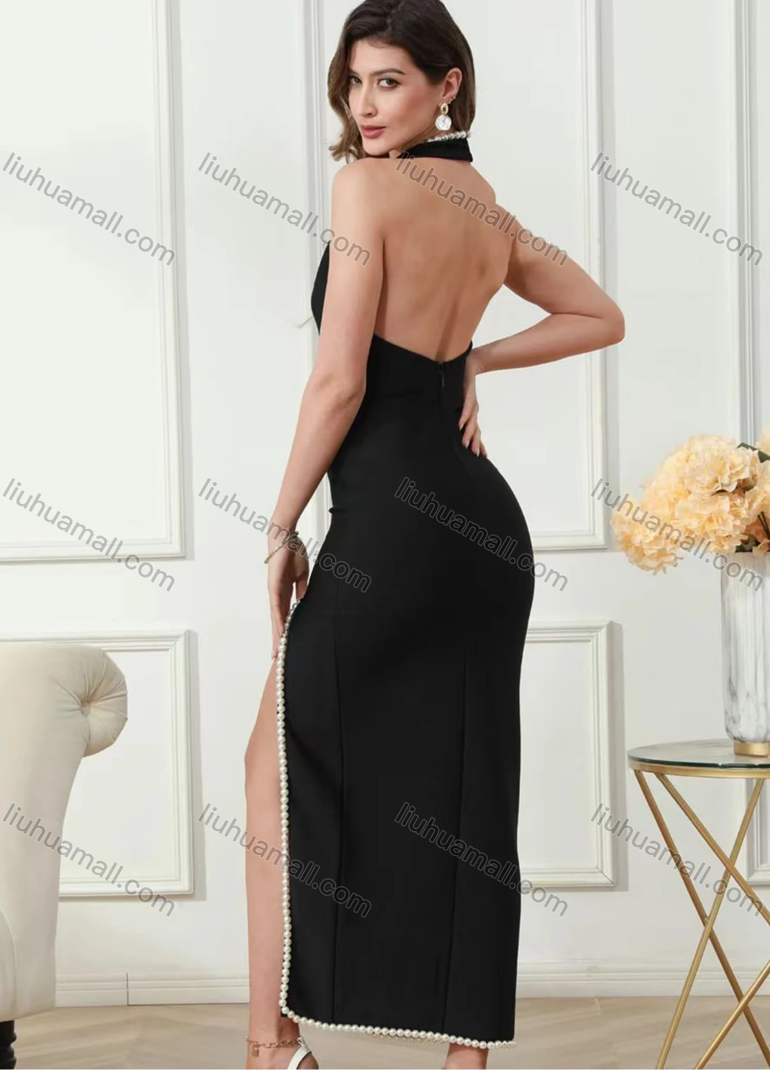 Wholesale Women's Elegant Open Back Thign Split Pearl Decor Splicing Halter Maxi Evening Dress - Liuhuamall