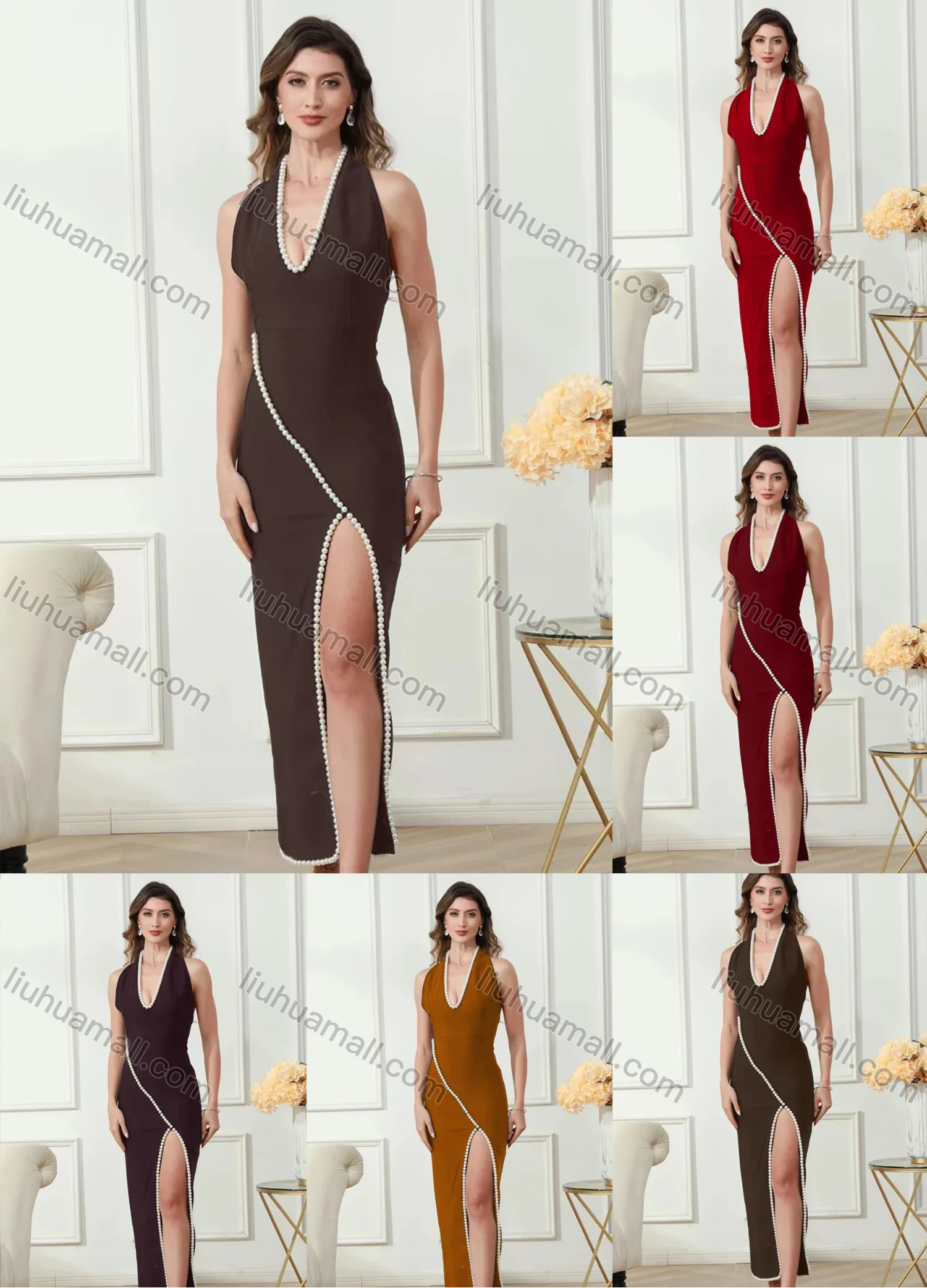 Wholesale Women's Elegant Open Back Thign Split Pearl Decor Splicing Halter Maxi Evening Dress - Liuhuamall