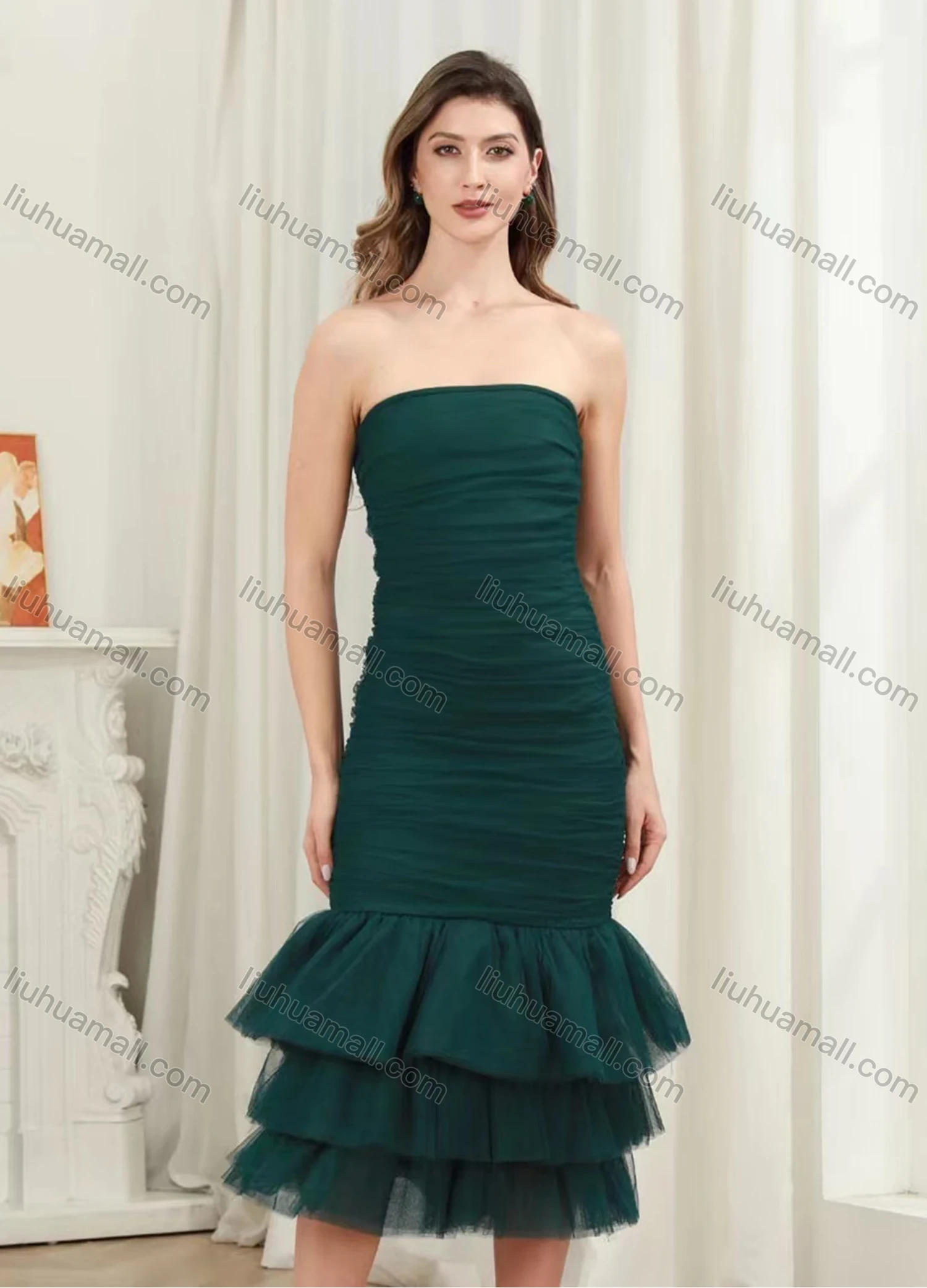 Wholesale Women's Elegant Off Shoulder Ruched Layered Hem Midi Evening Dress - Liuhuamall