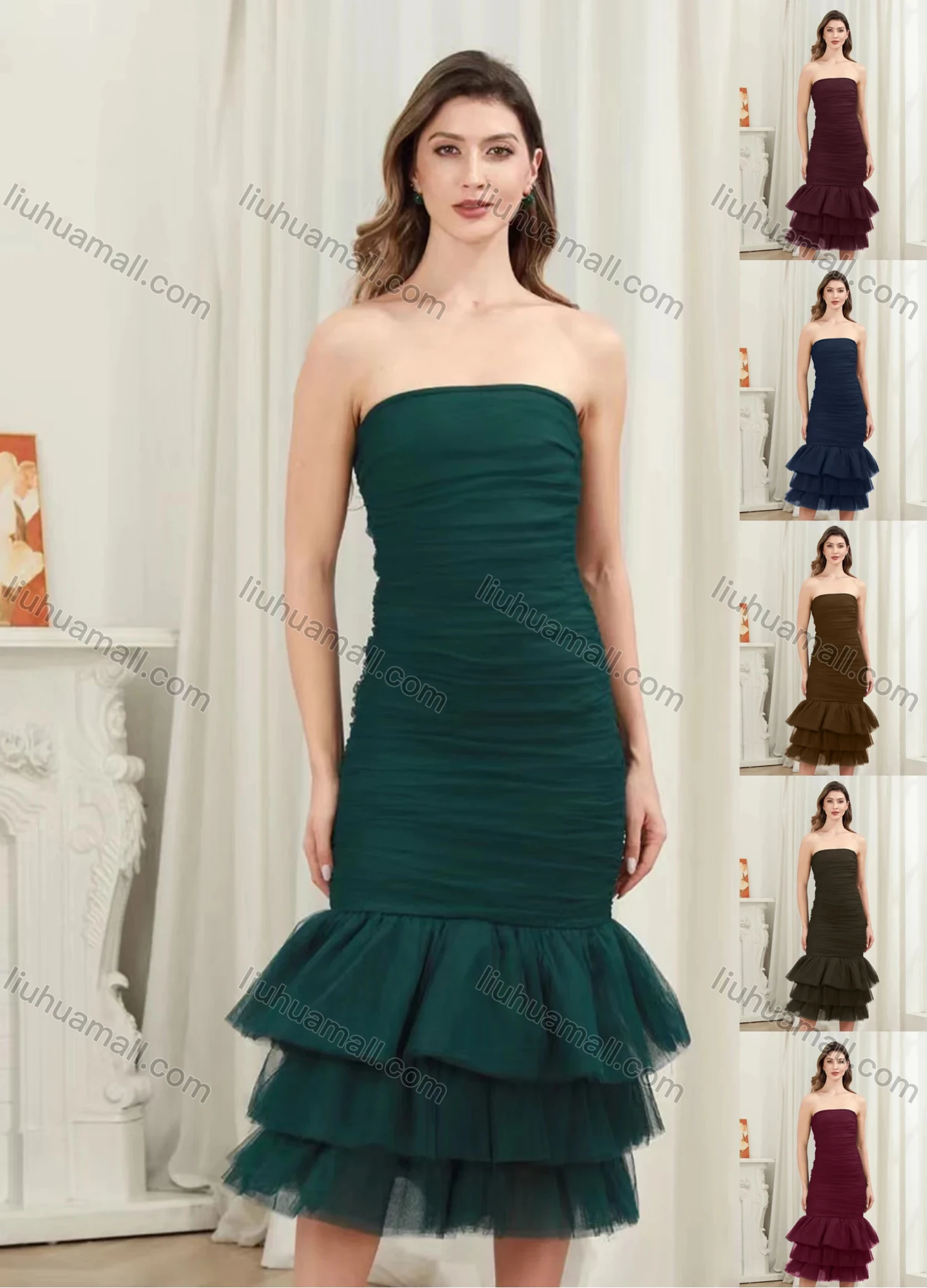 Wholesale Women's Elegant Off Shoulder Ruched Layered Hem Midi Evening Dress - Liuhuamall