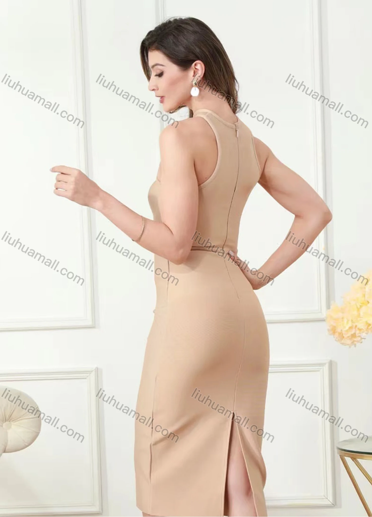 Wholesale Women's Elegant Plain Asymmetrical Neck Slit Midi Dress - Liuhuamall