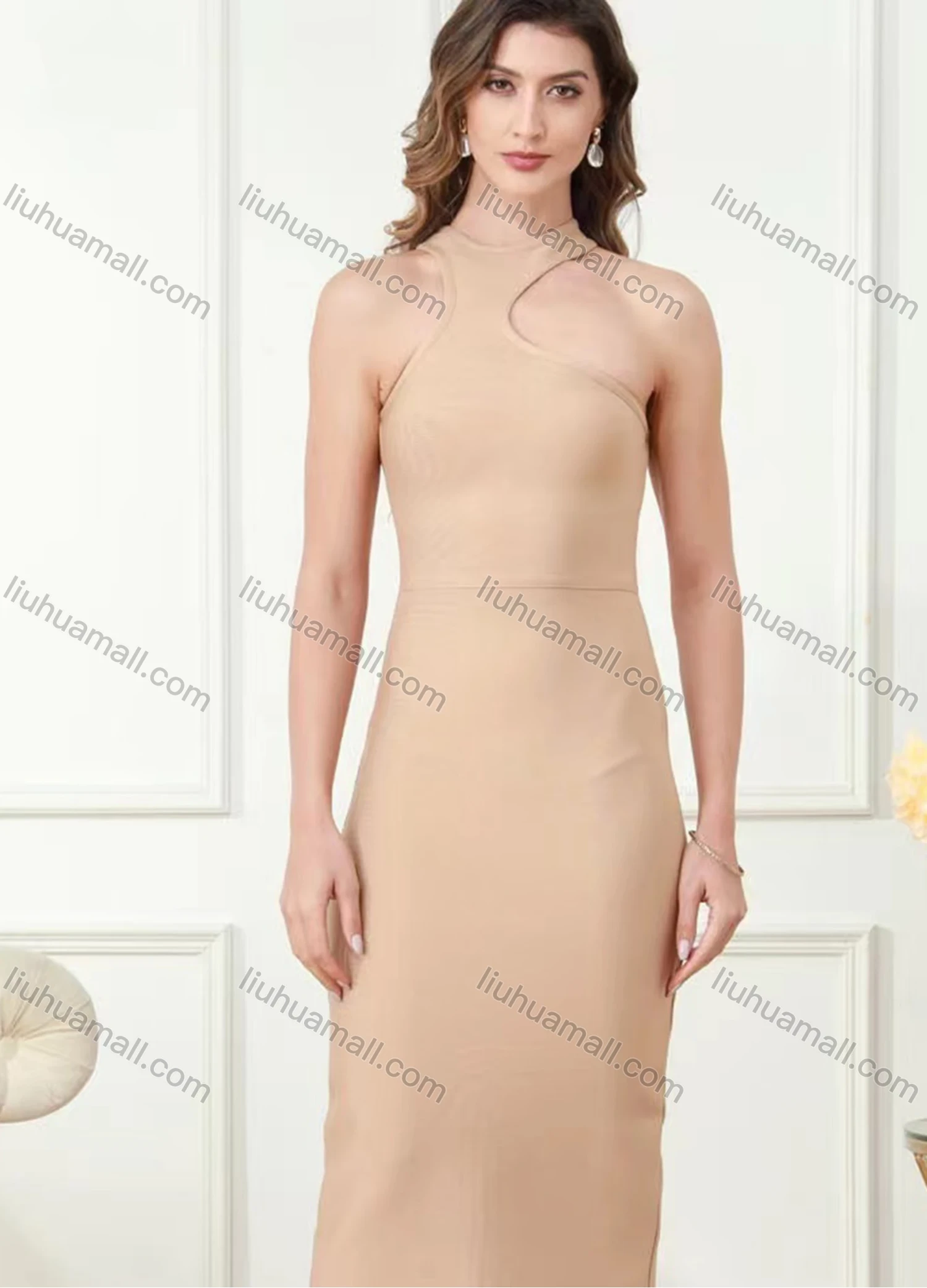 Wholesale Women's Elegant Plain Asymmetrical Neck Slit Midi Dress - Liuhuamall