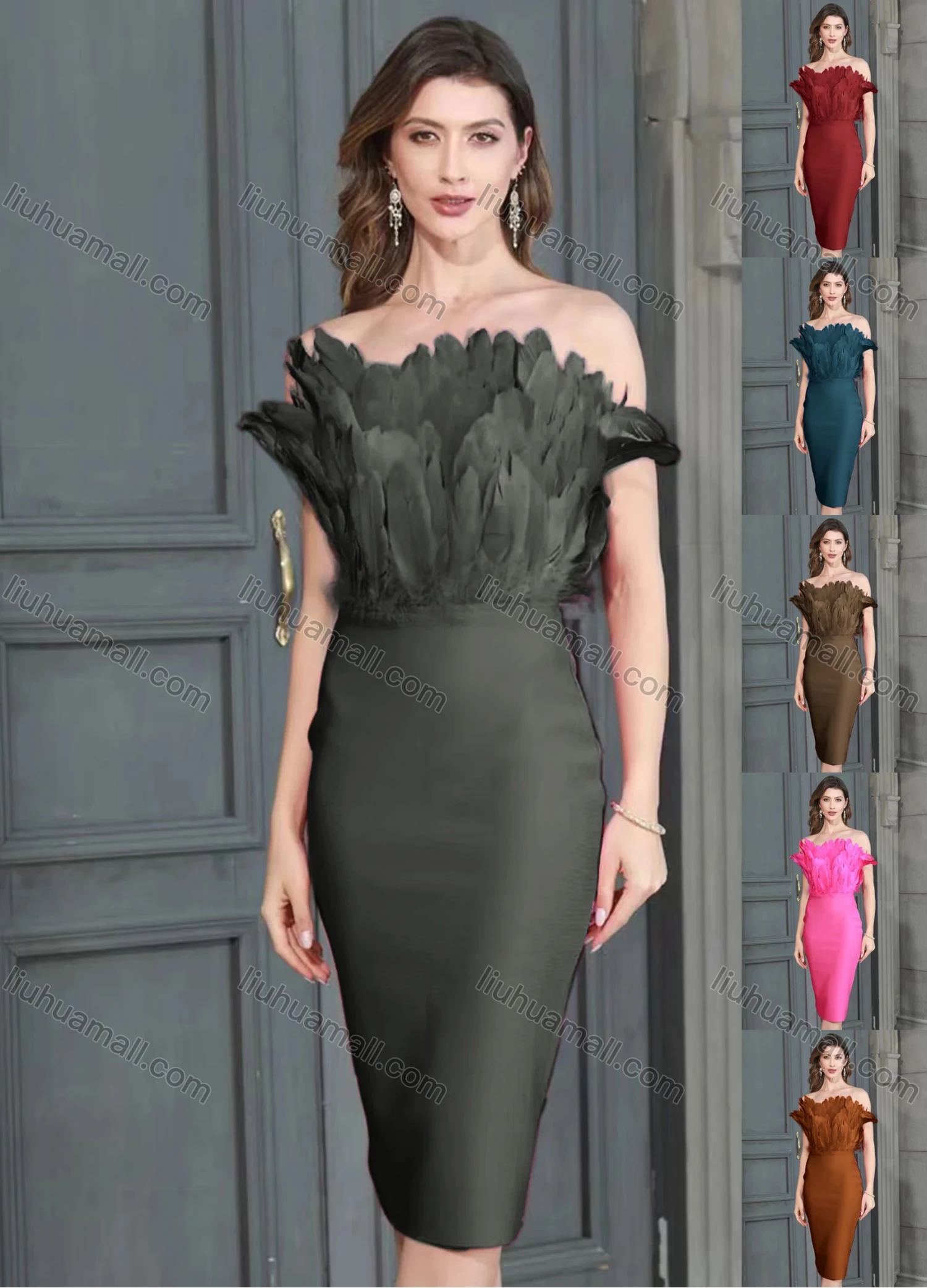 Wholesale Women's Elegant Off Shoulder Feather Decor Midi Evening Dress - Liuhuamall
