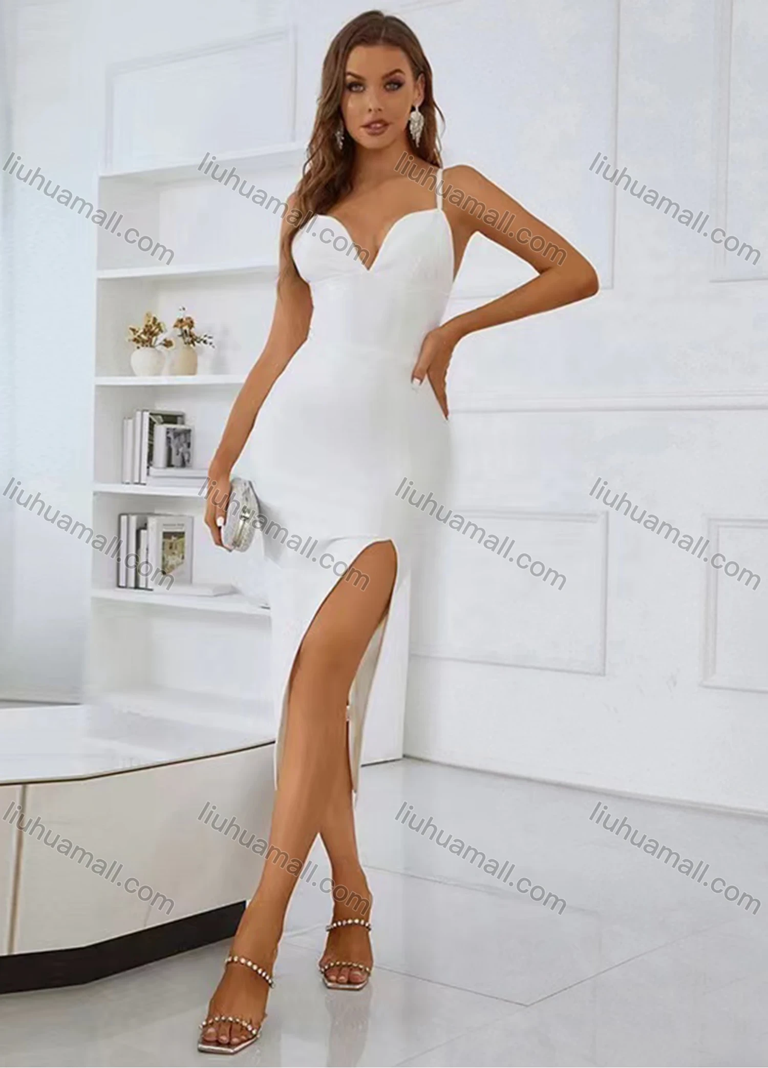 Wholesale Women's Sexy Plain Spaghetti Straps Split Thign Midi Dress - Liuhuamall