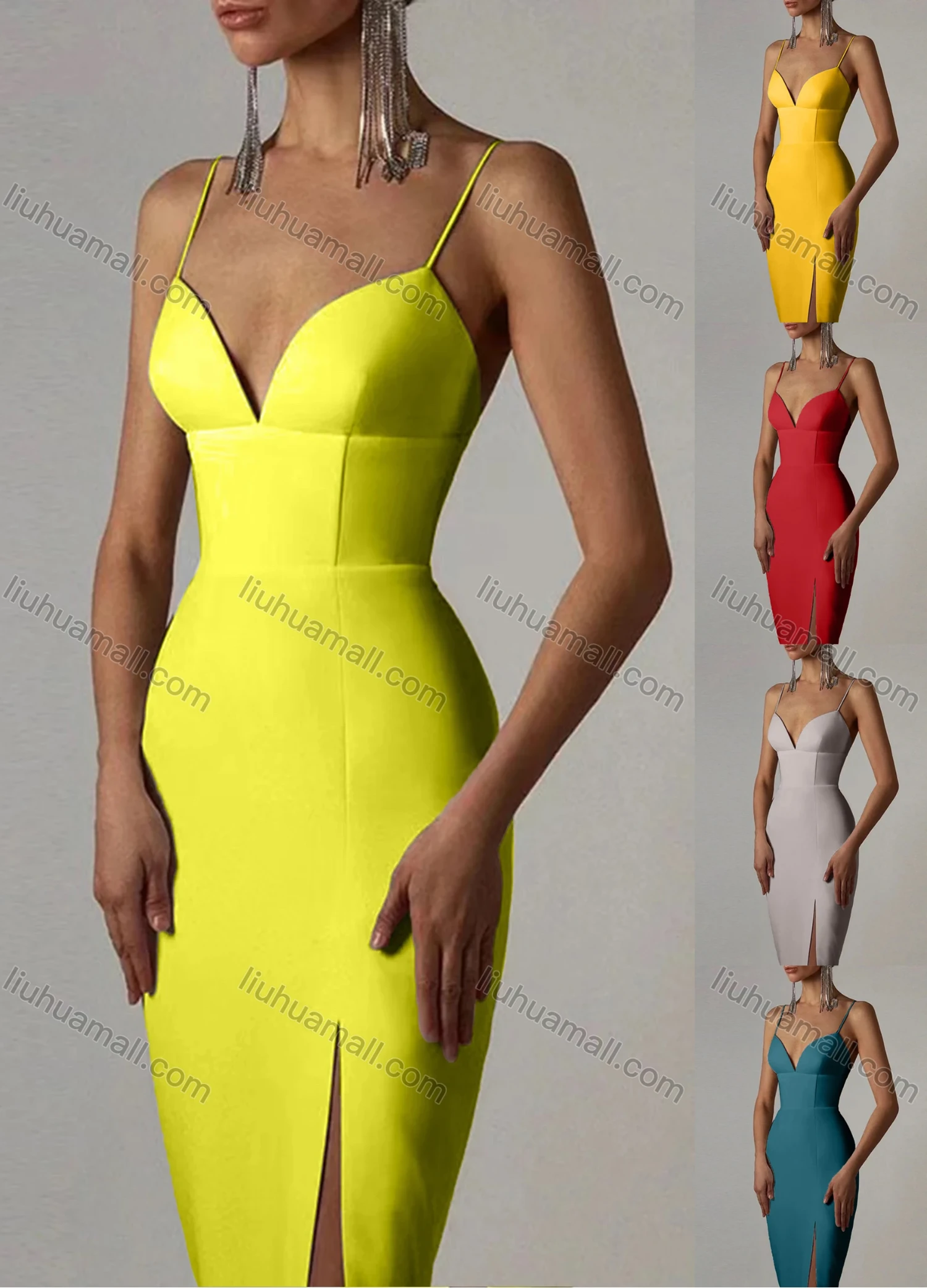 Wholesale Women's Sexy Plain Spaghetti Straps Split Thign Midi Dress - Liuhuamall