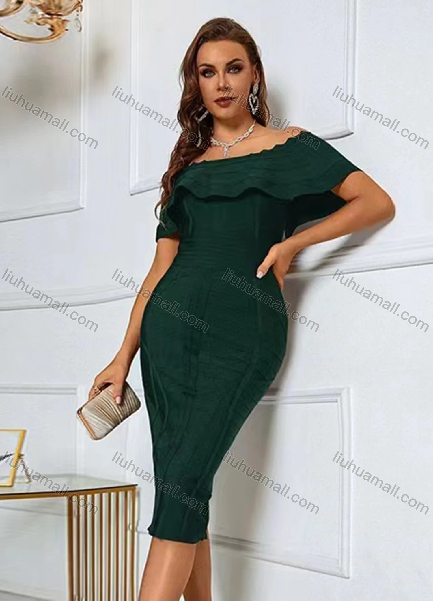 Wholesale Women's Elegant Plian Off Shoulder Tiered Midi Dress - Liuhuamall
