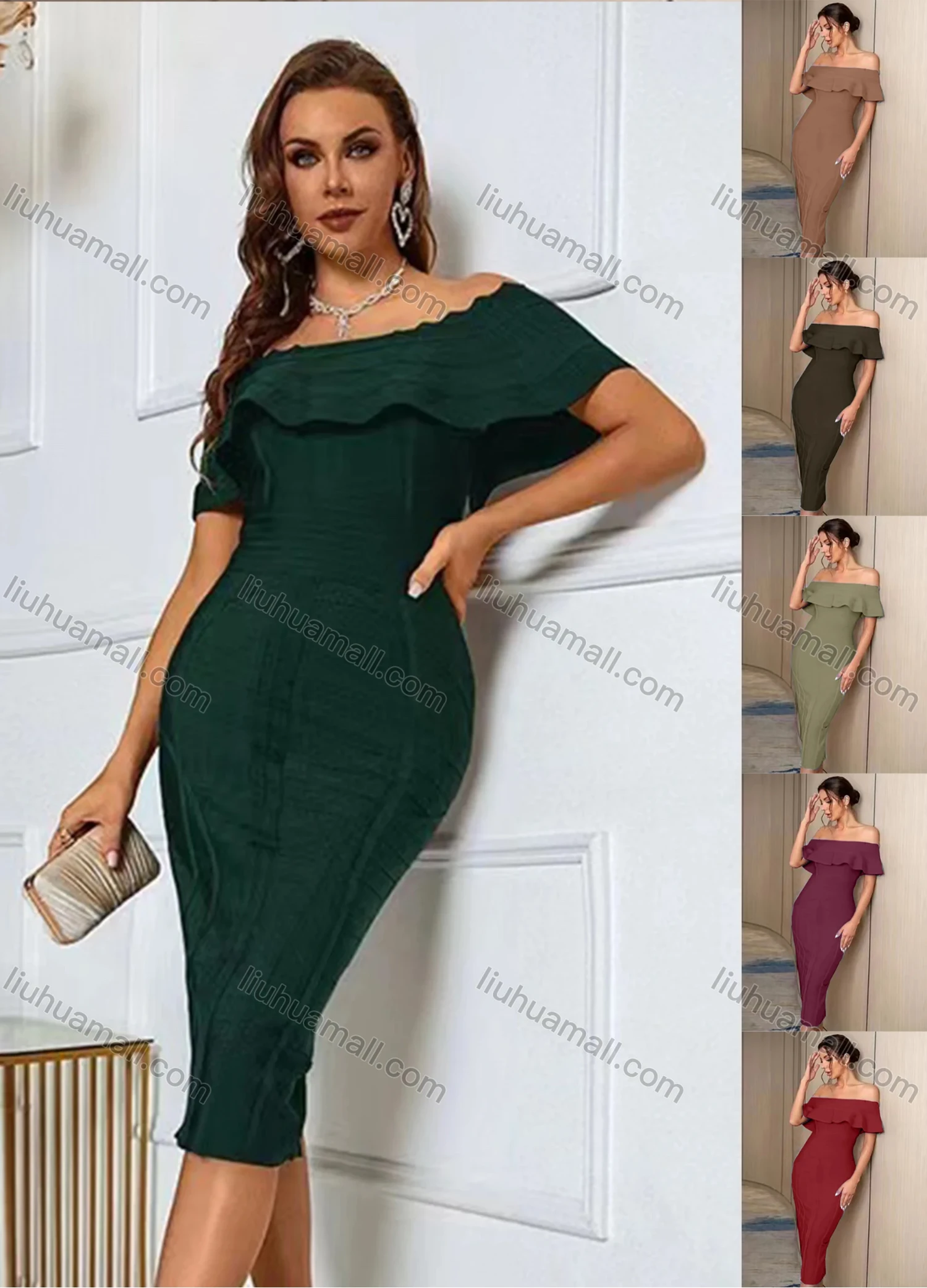 Wholesale Women's Elegant Plian Off Shoulder Tiered Midi Dress - Liuhuamall