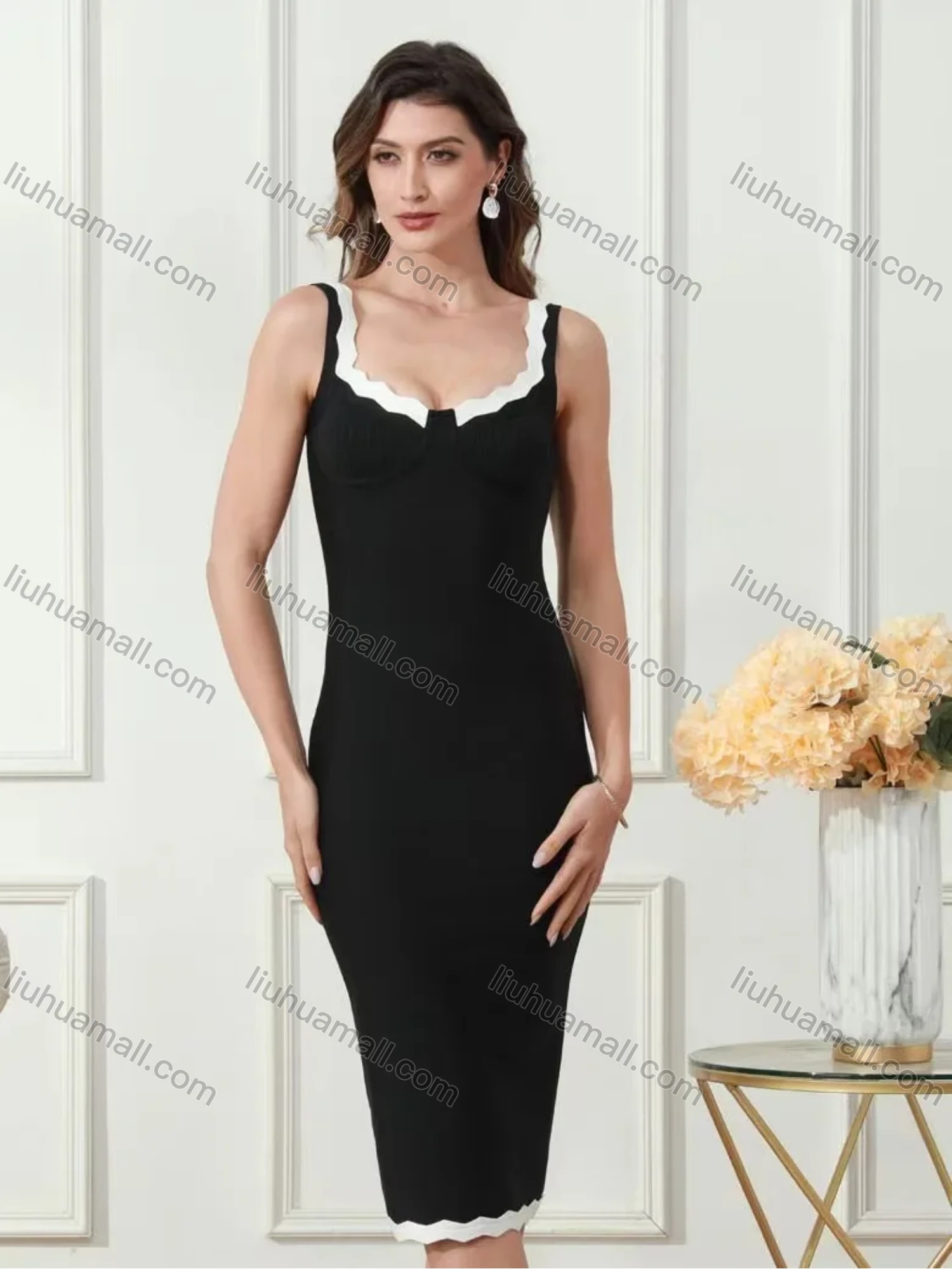 Wholesale Women's Cute Straps Splicing Wave Trim Knee Length Dress - Liuhuamall