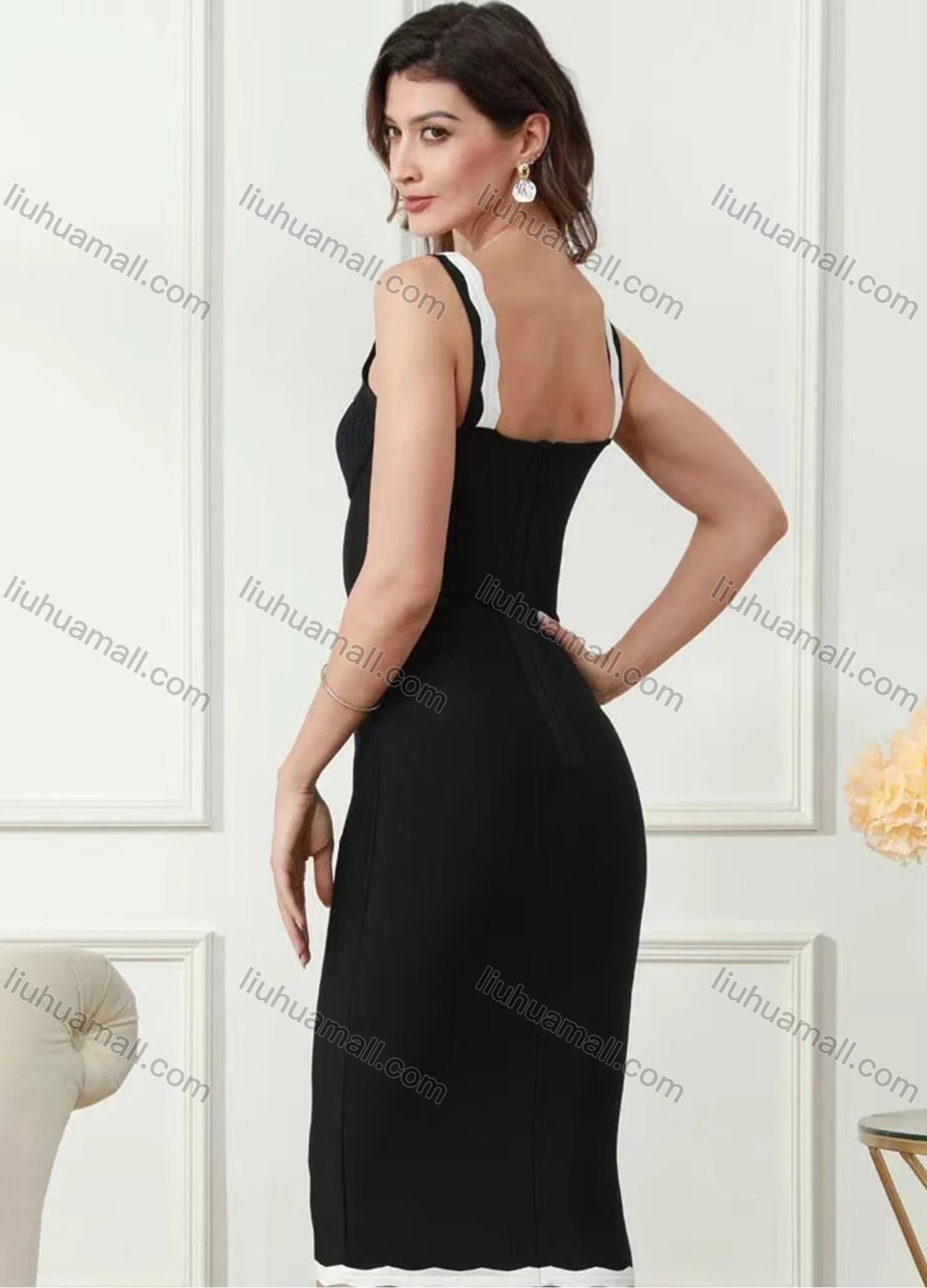 Wholesale Women's Cute Straps Splicing Wave Trim Knee Length Dress - Liuhuamall