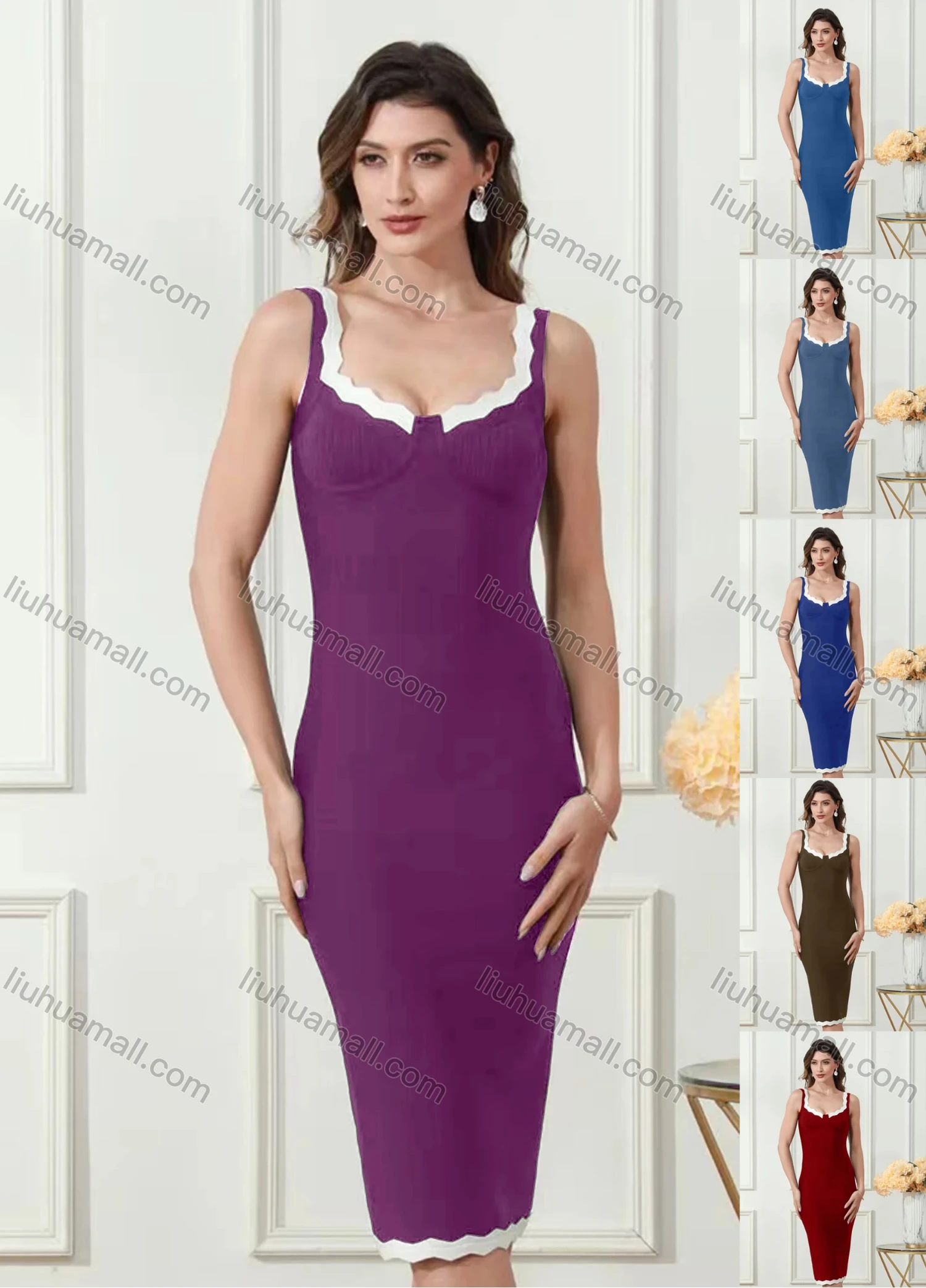 Wholesale Women's Cute Straps Splicing Wave Trim Knee Length Dress - Liuhuamall