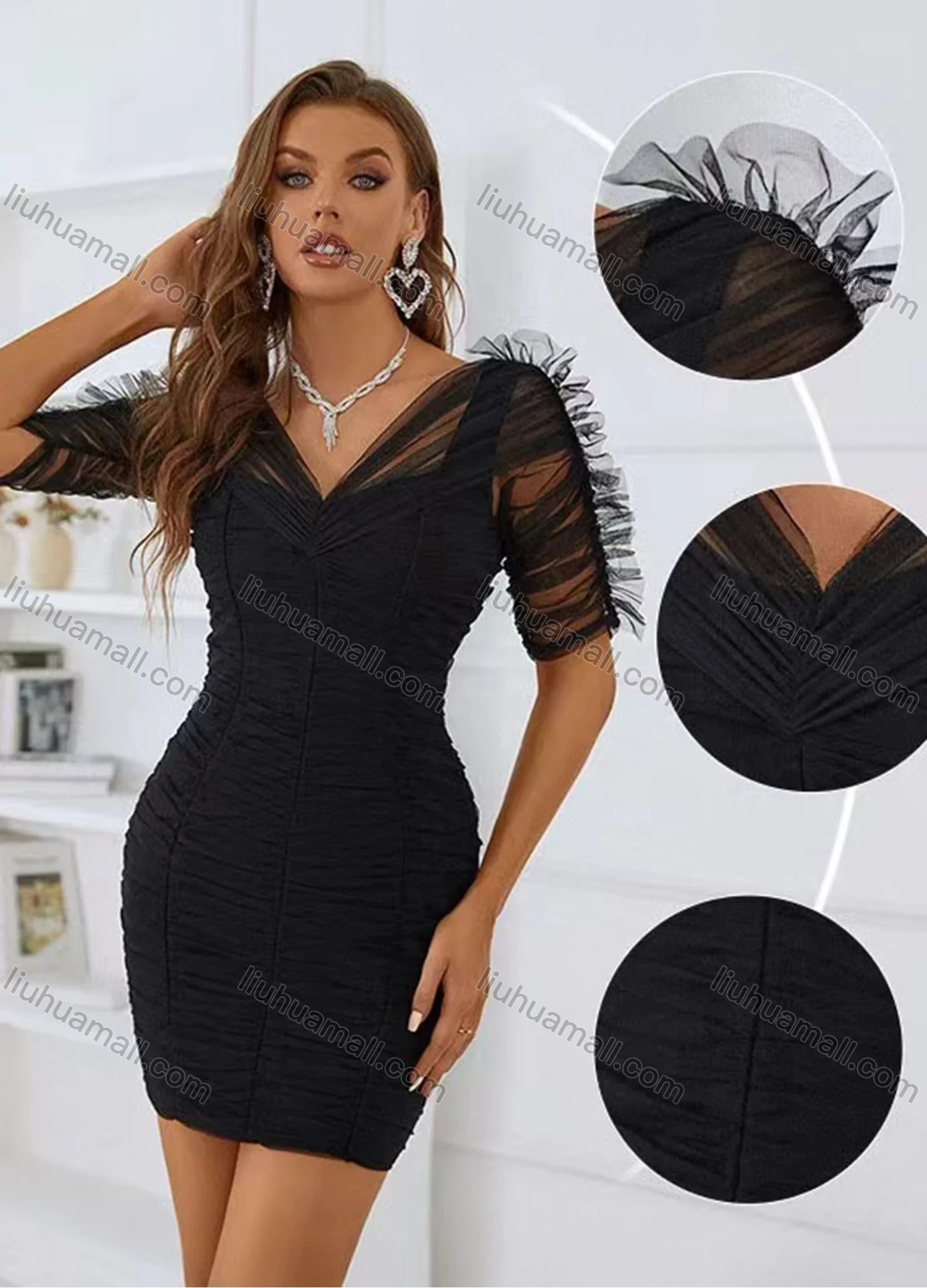 Wholesale Women's Sexy V Neck Mesh Sleeve Ruched Mini Dress - Liuhuamall