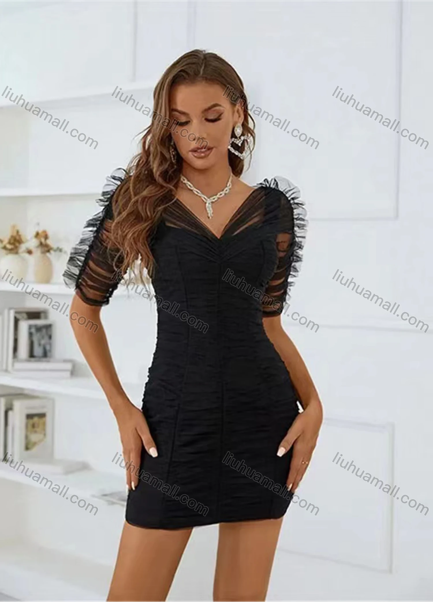 Wholesale Women's Sexy V Neck Mesh Sleeve Ruched Mini Dress - Liuhuamall