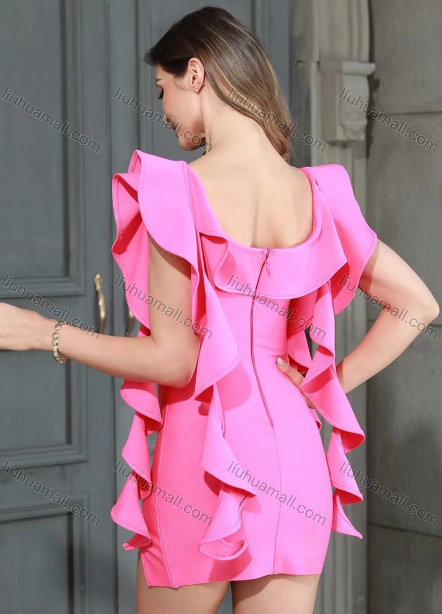 Wholesale Women's Fashion Scoop Neck Ruffle Trim Split Thign Mini Evening Dress - Liuhuamall