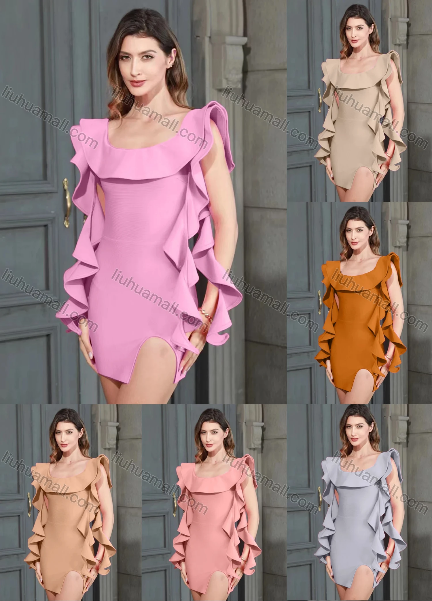 Wholesale Women's Fashion Scoop Neck Ruffle Trim Split Thign Mini Evening Dress - Liuhuamall