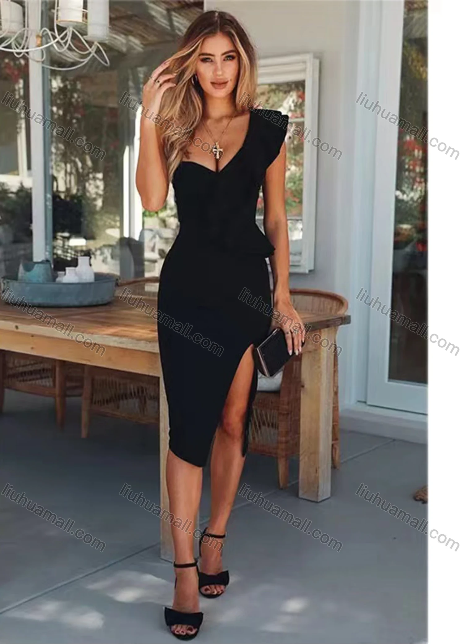 Wholesale Women's One Shoulder Layer Trim Split Thign Midi Evening Dress - Liuhuamall