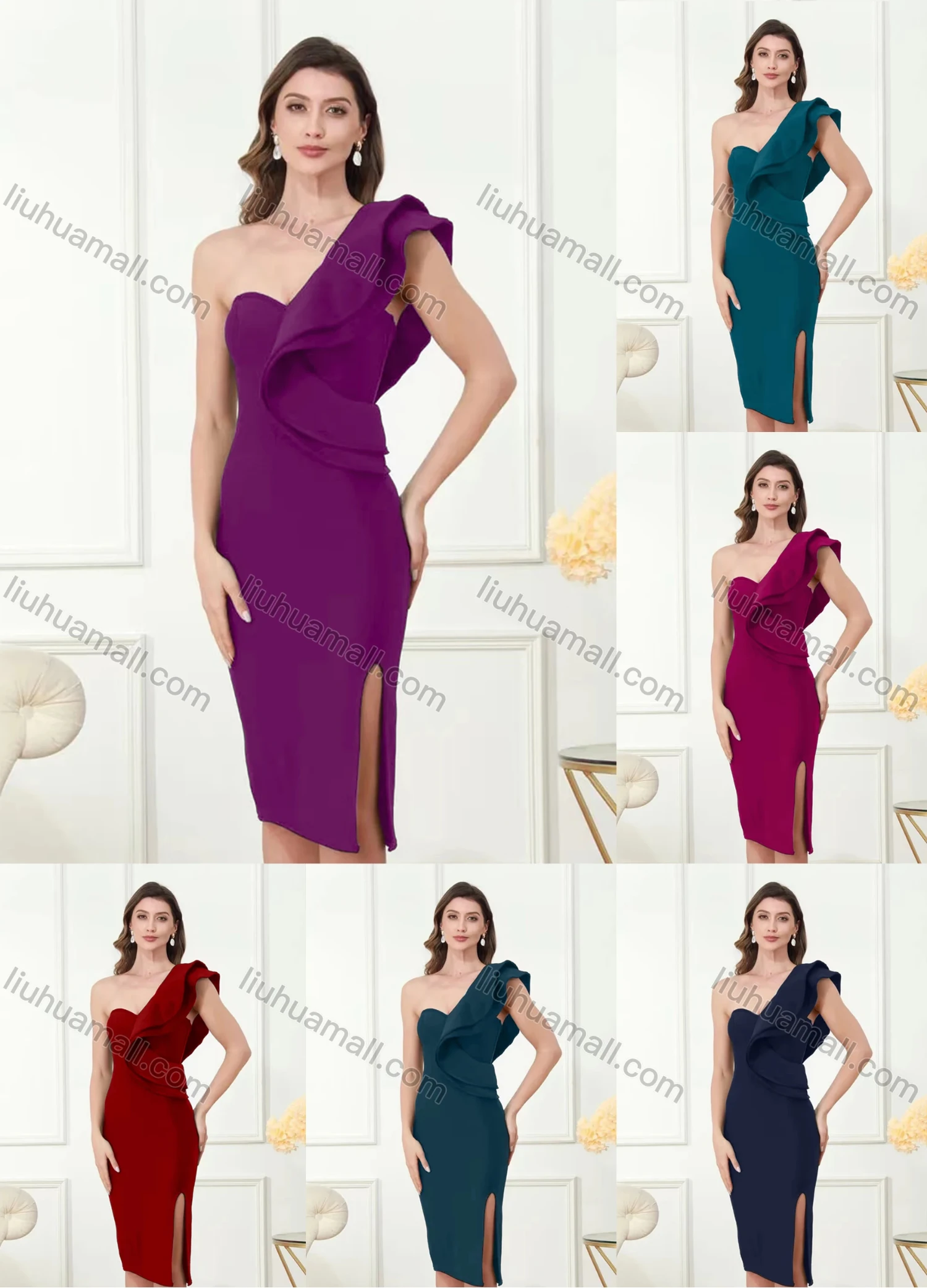 Wholesale Women's One Shoulder Layer Trim Split Thign Midi Evening Dress - Liuhuamall