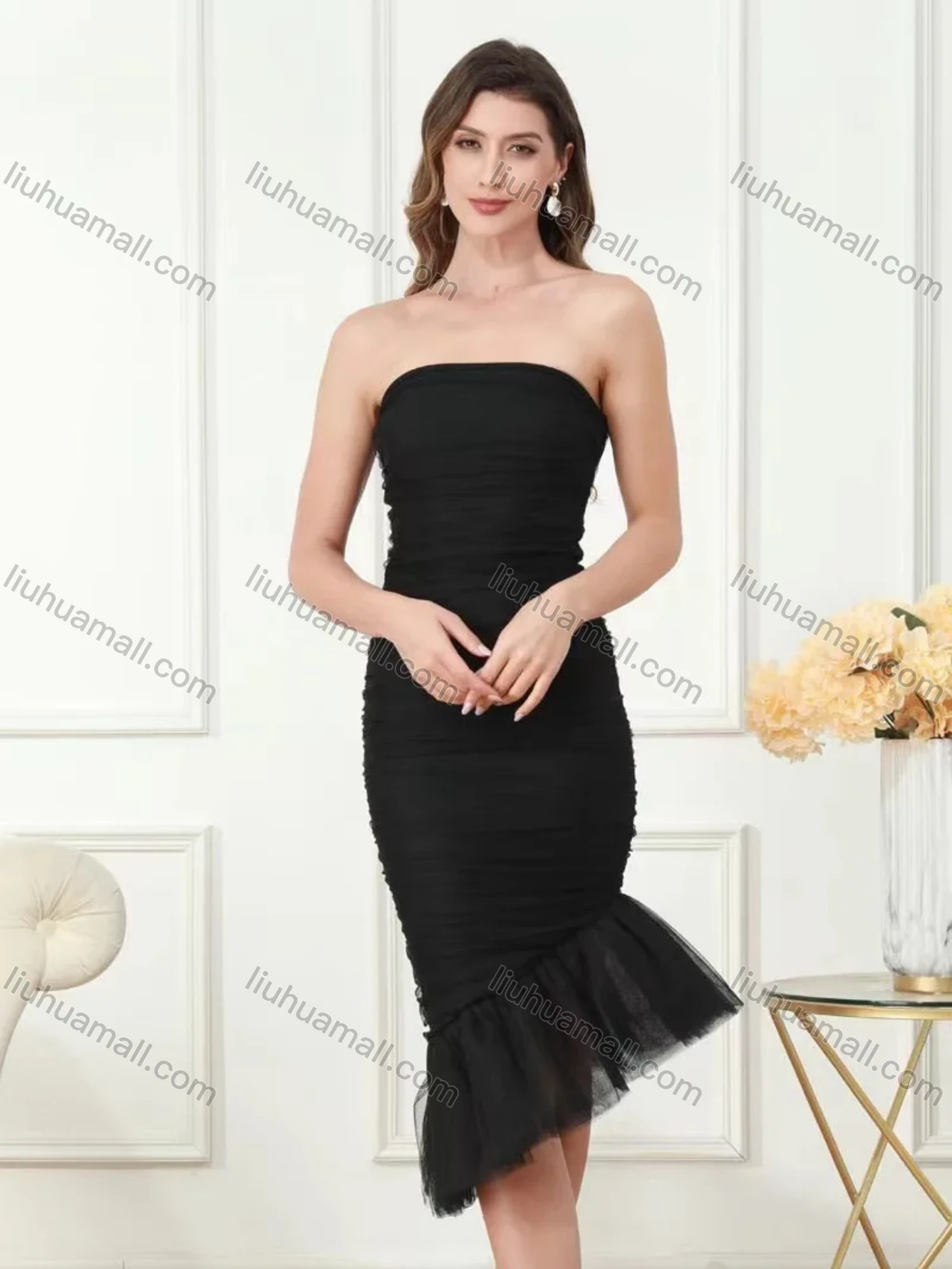 Wholesale Women's Elegant Plain Off Shoulder Feather Trim Midi Evening Dress - Liuhuamall