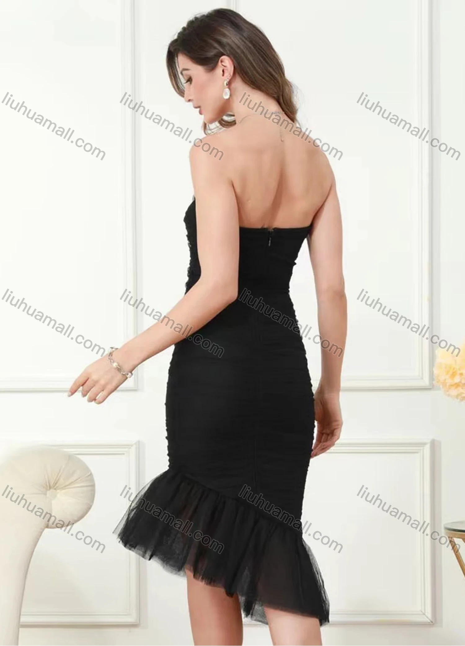 Wholesale Women's Elegant Plain Off Shoulder Feather Trim Midi Evening Dress - Liuhuamall