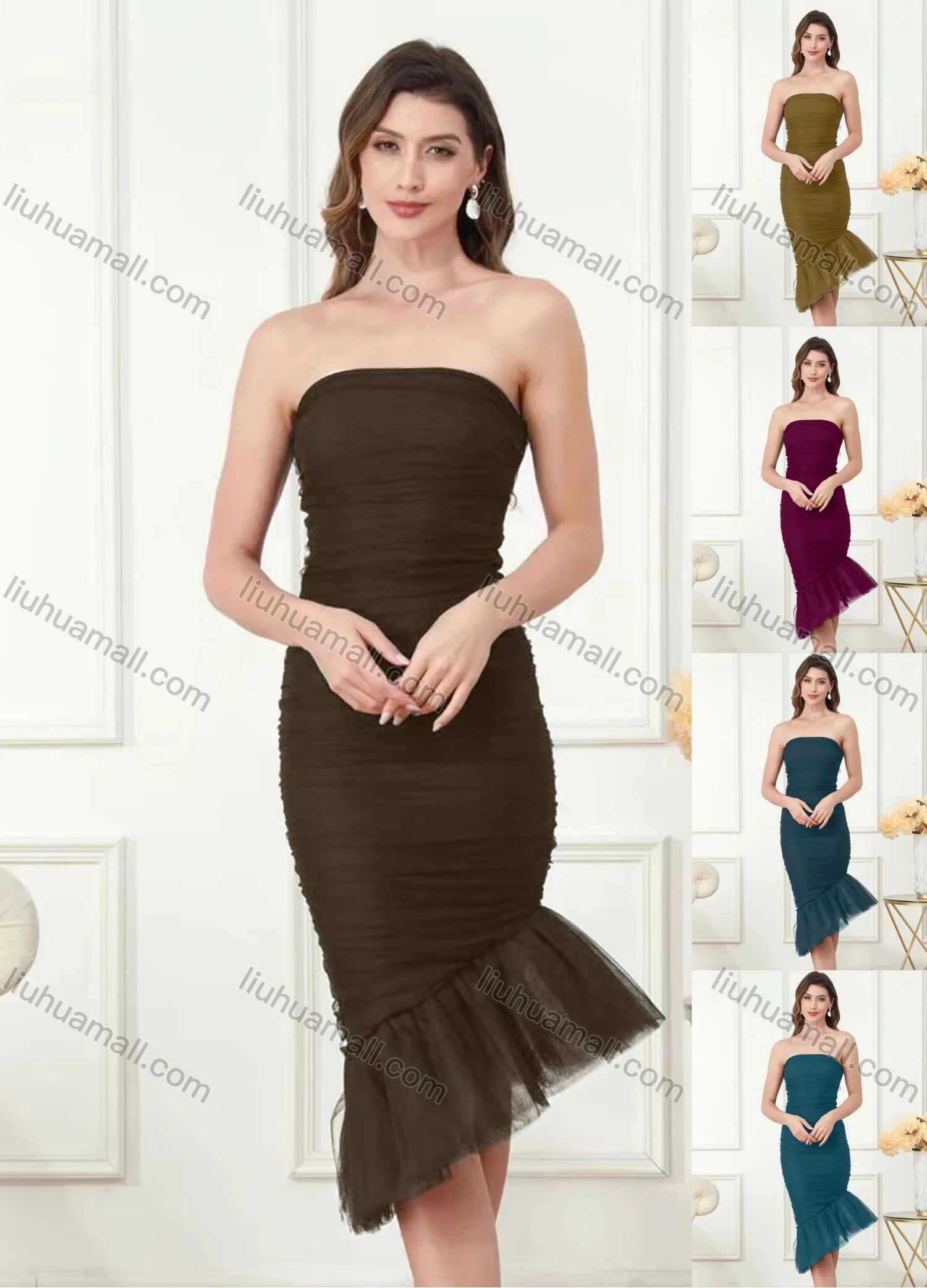 Wholesale Women's Elegant Plain Off Shoulder Feather Trim Midi Evening Dress - Liuhuamall