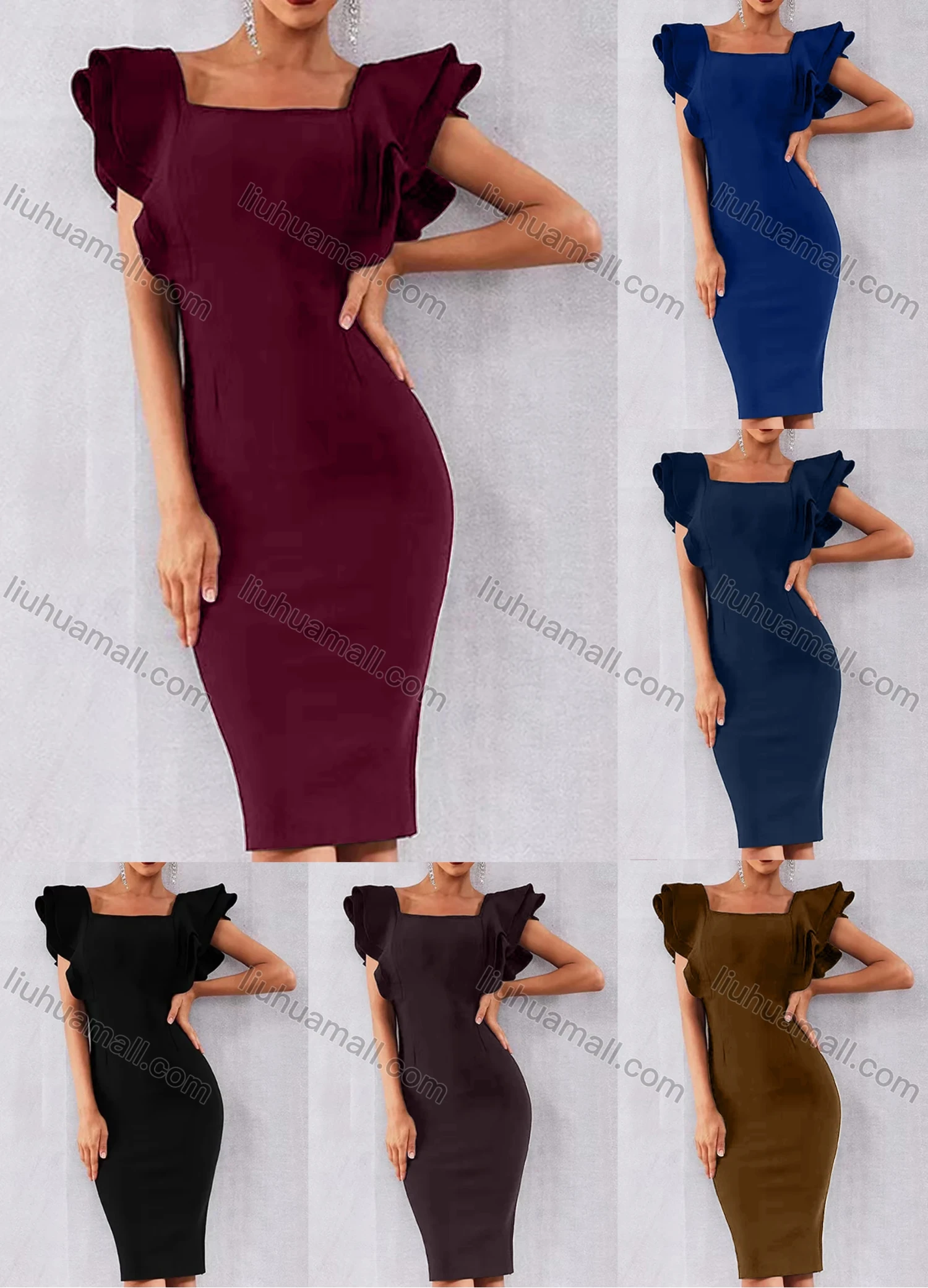 Wholesale Women's Square Neck Layered Sleeve Plain Knee Length Dress - Liuhuamall