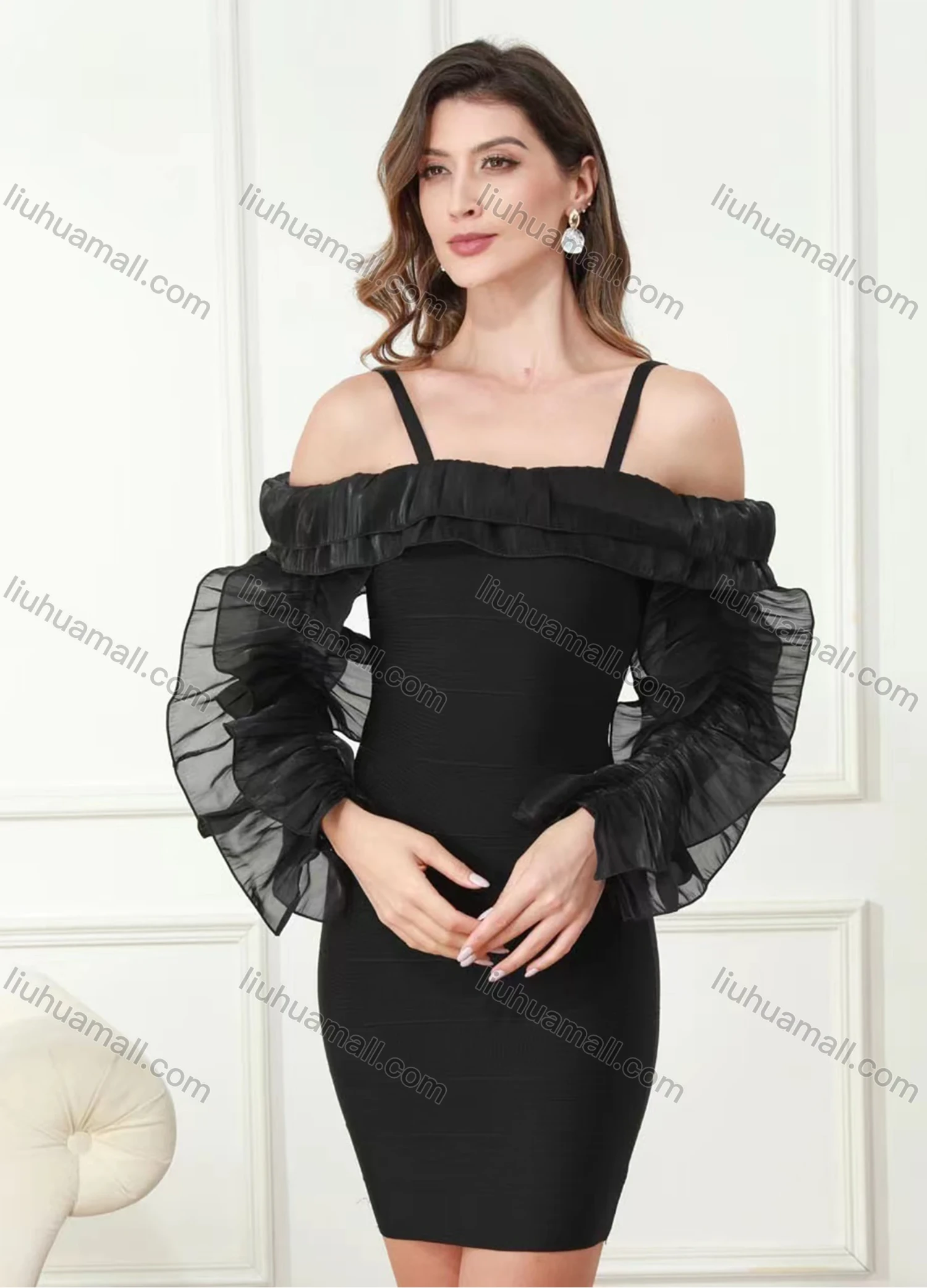 Wholesale Women's Elegant Spaghetti Straps Mesh Sleeve Layered Trim Short Dress - Liuhuamall