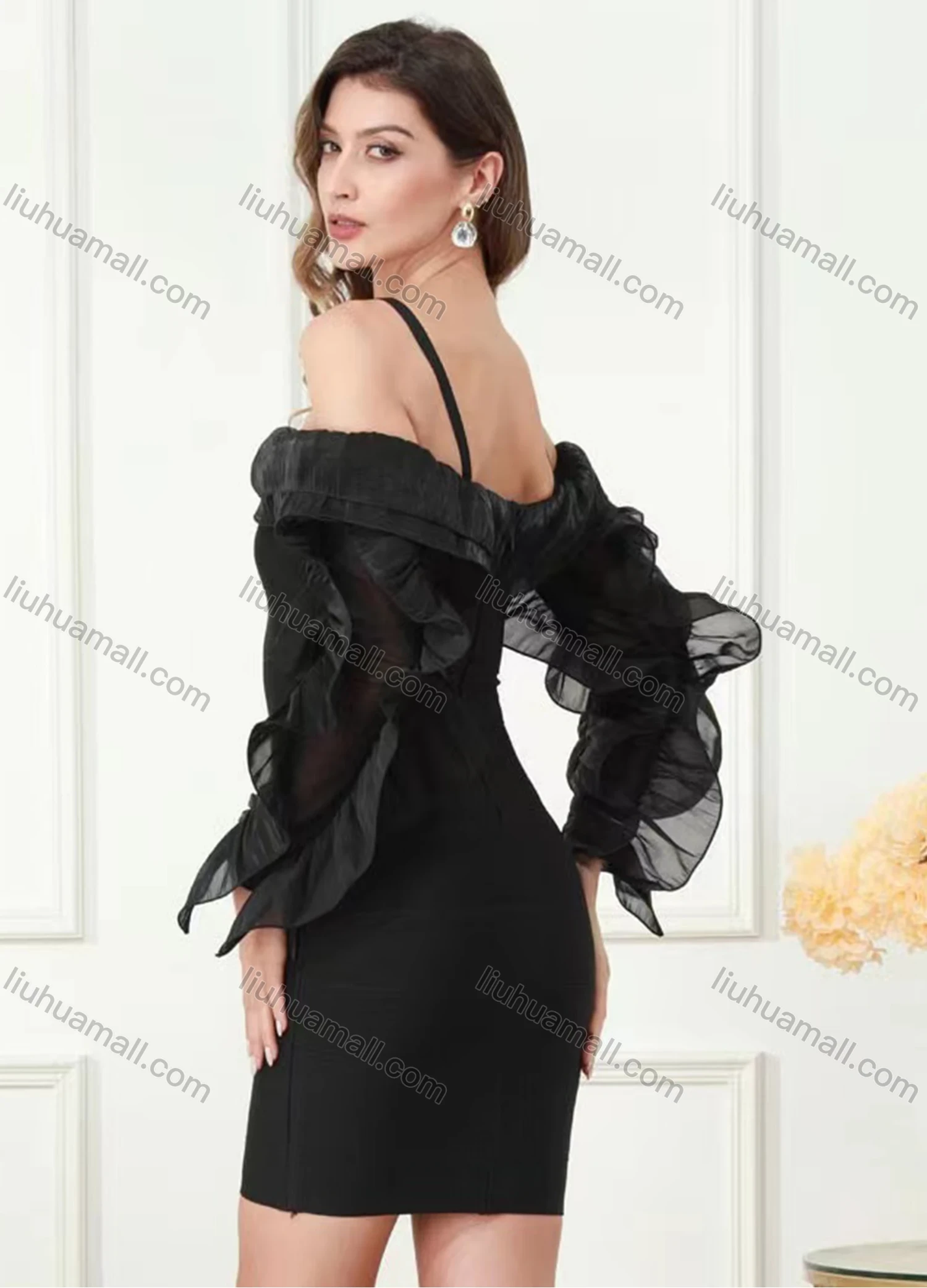 Wholesale Women's Elegant Spaghetti Straps Mesh Sleeve Layered Trim Short Dress - Liuhuamall