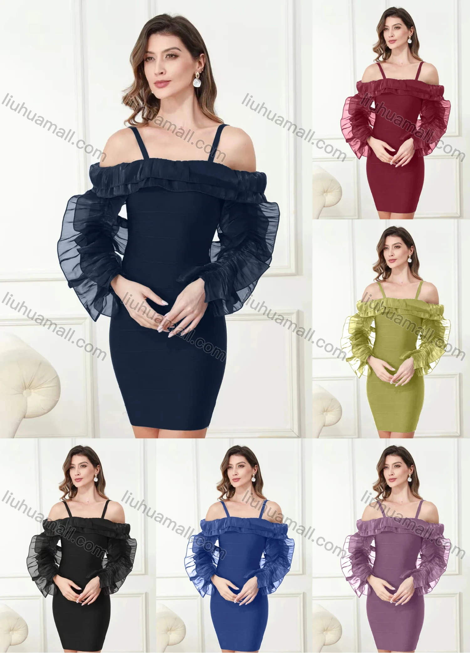 Wholesale Women's Elegant Spaghetti Straps Mesh Sleeve Layered Trim Short Dress - Liuhuamall