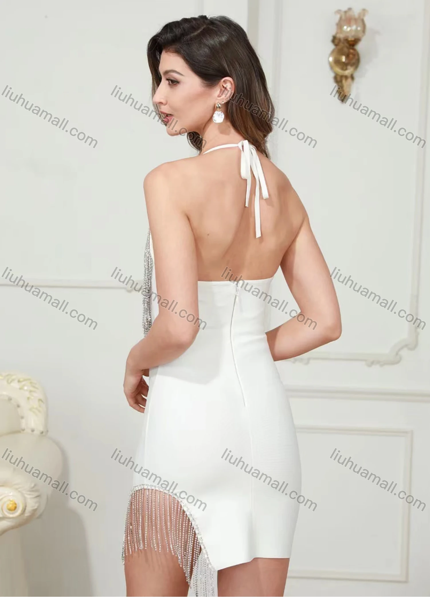 Wholesale Women's Sexy Tassel Halter Mini Cocktail Dress - Liuhuamall