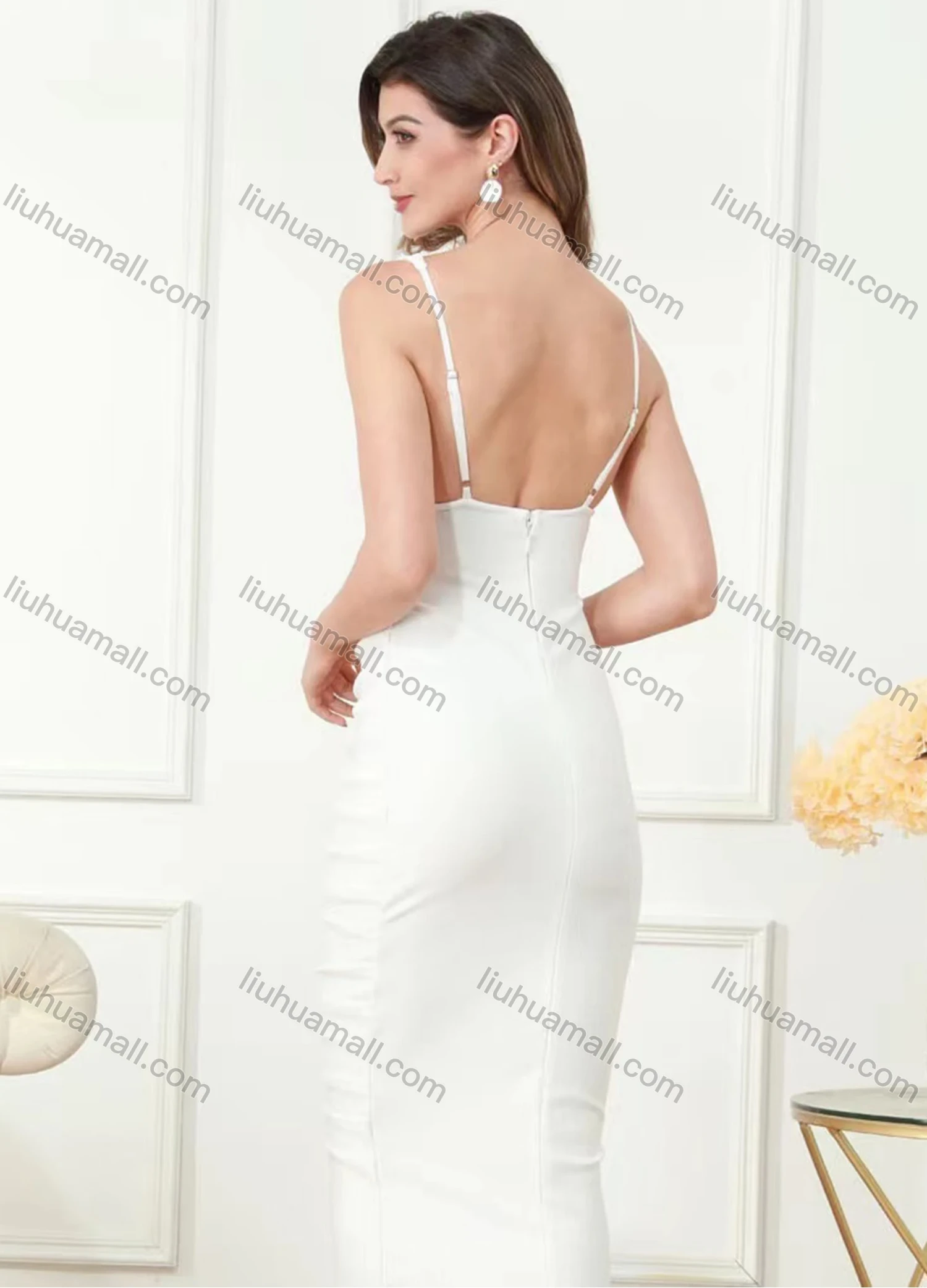 Wholesale Women's Elegant Plain V Neck Open Back Ruched Cut Out Midi Dress - Liuhuamall