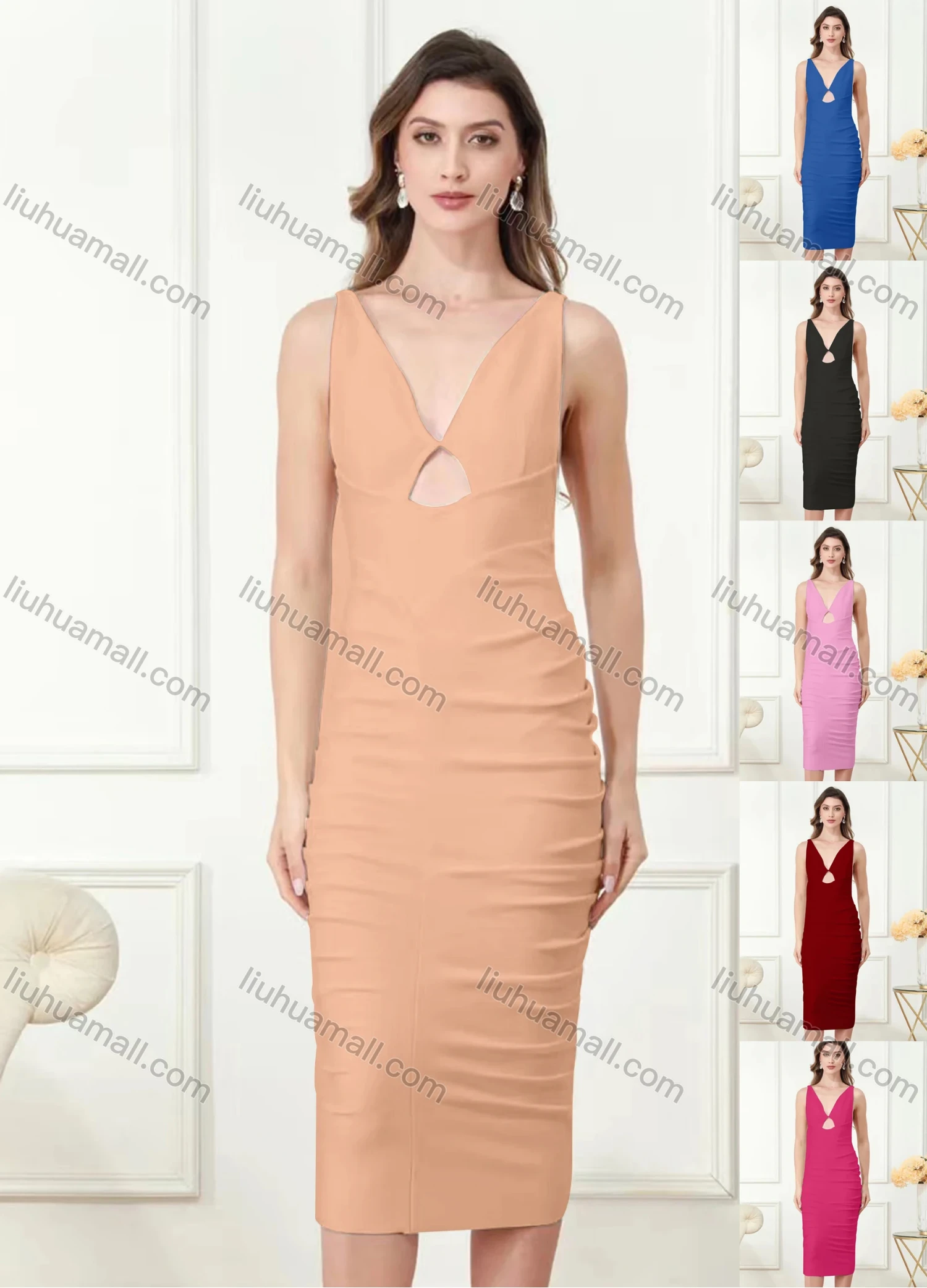 Wholesale Women's Elegant Plain V Neck Open Back Ruched Cut Out Midi Dress - Liuhuamall