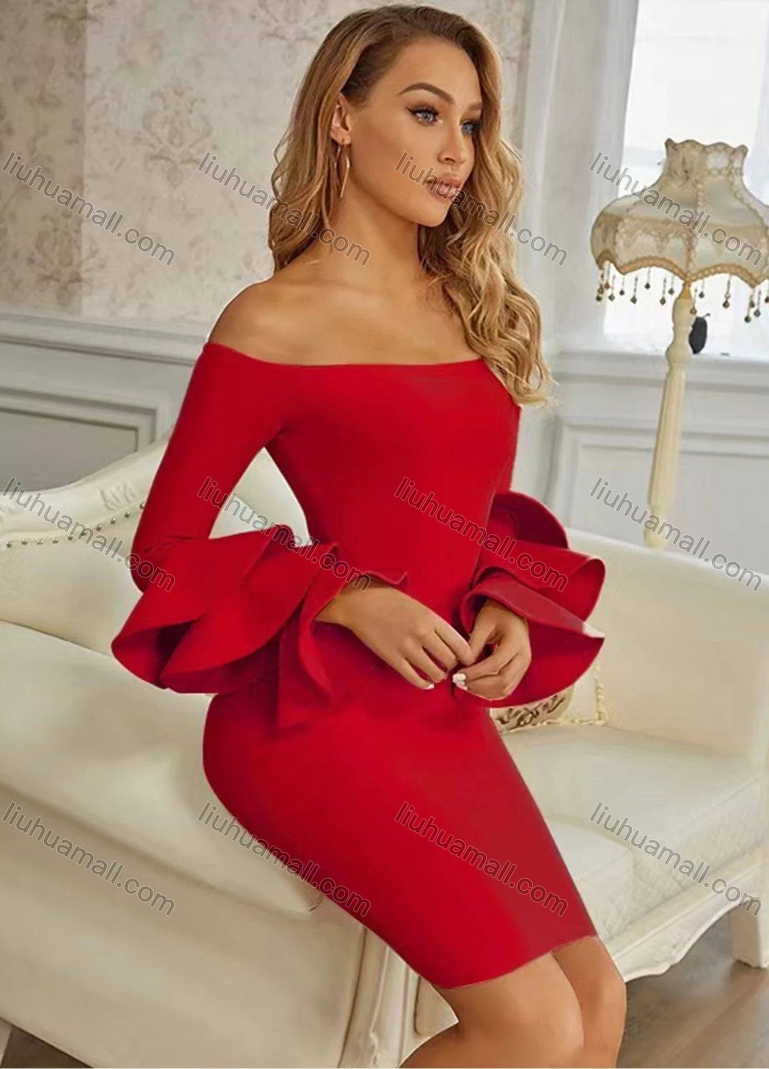 Wholesale Women's Elegant Off Shoulder Layered Sleeve Plain Bodycon Short Dress - Liuhuamall