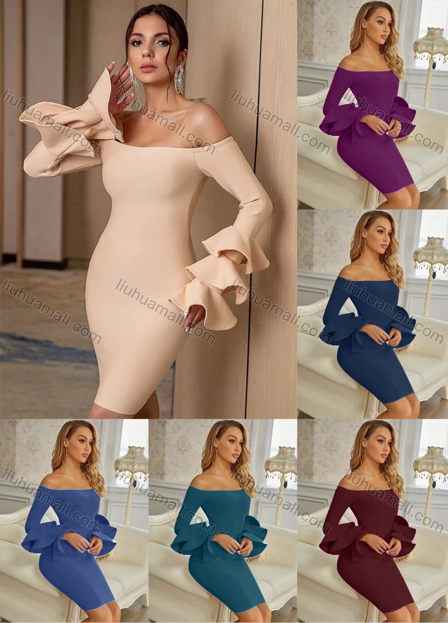 Wholesale Women's Elegant Off Shoulder Layered Sleeve Plain Bodycon Short Dress - Liuhuamall
