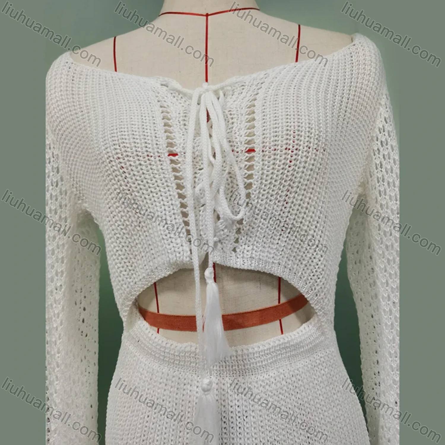 Wholesale Women's Vacation Hollow Out Tie Front Semi-Sheer Cover Up Two Piece Sets - Liuhuamall