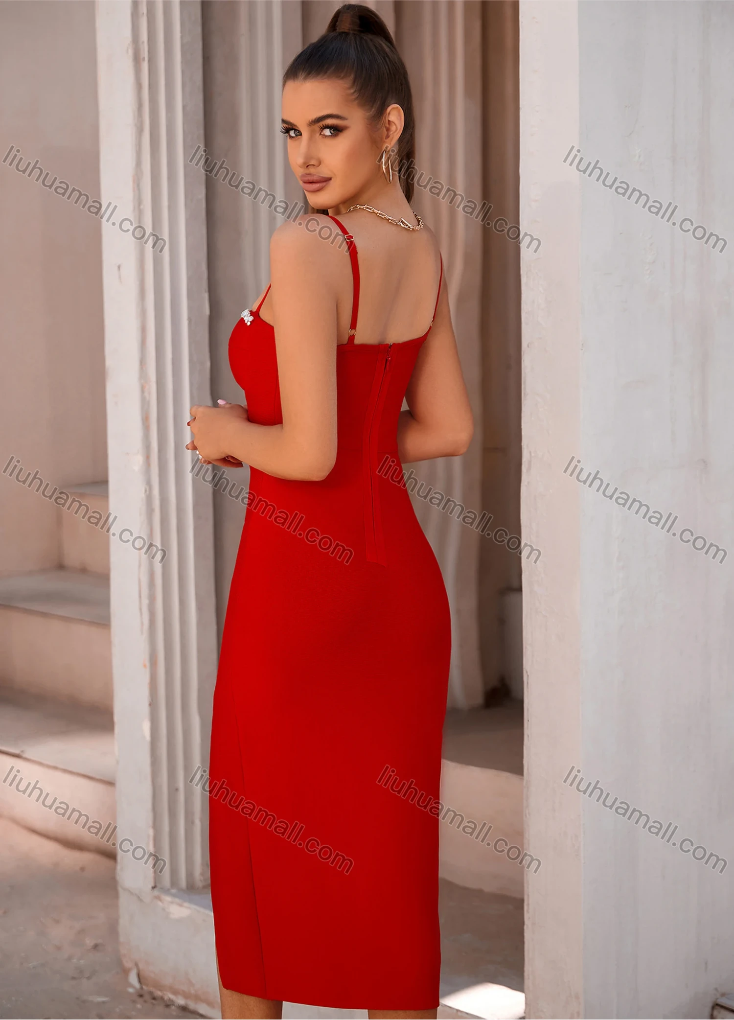 Wholesale Women's Elegant Spaghetti Straps Plain Rhinestone Split Thign Midi Cami Evening Dress - Liuhuamall