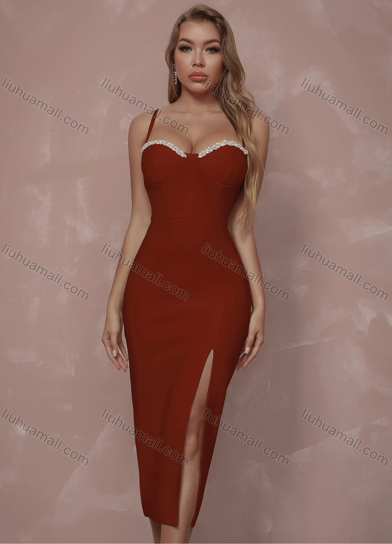 Wholesale Women's Elegant Spaghetti Straps Plain Rhinestone Split Thign Midi Cami Evening Dress - Liuhuamall