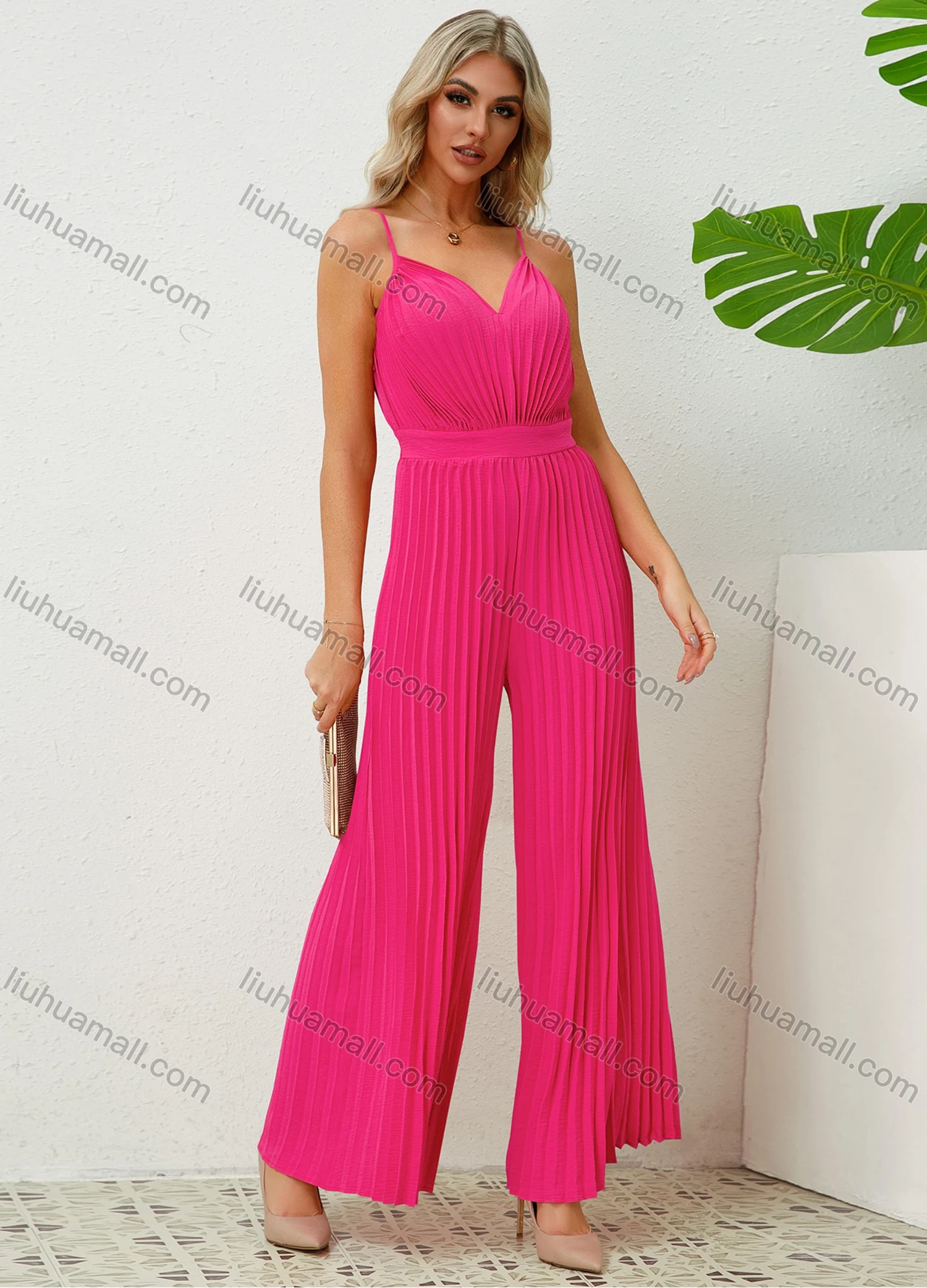Wholesale Women's Elegant Plain V Neck Pleated Adjustable Spaghetti Strap Wide Leg Cami Jumpsuit - Liuhuamall