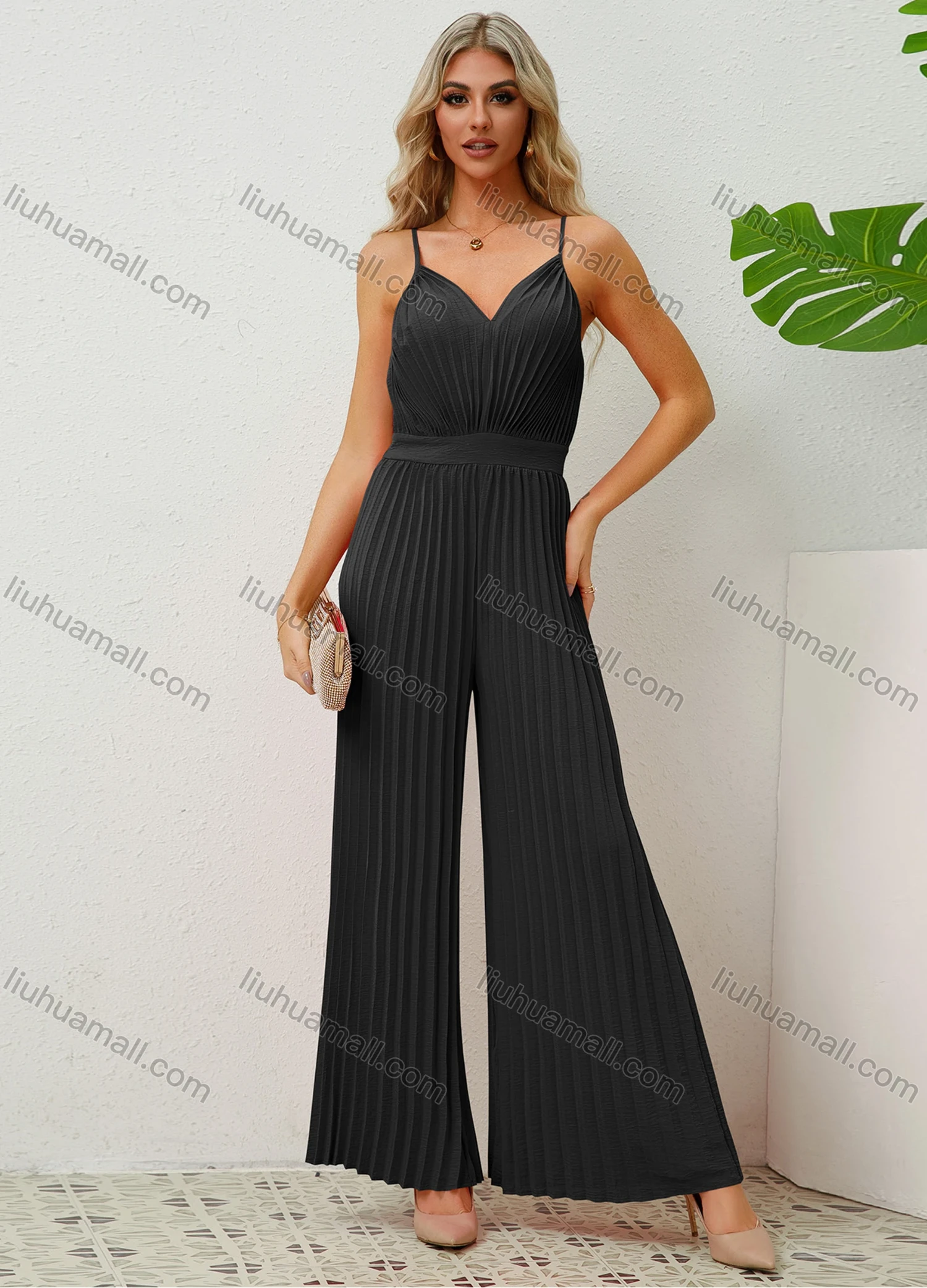 Wholesale Women's Elegant Plain V Neck Pleated Adjustable Spaghetti Strap Wide Leg Cami Jumpsuit - Liuhuamall