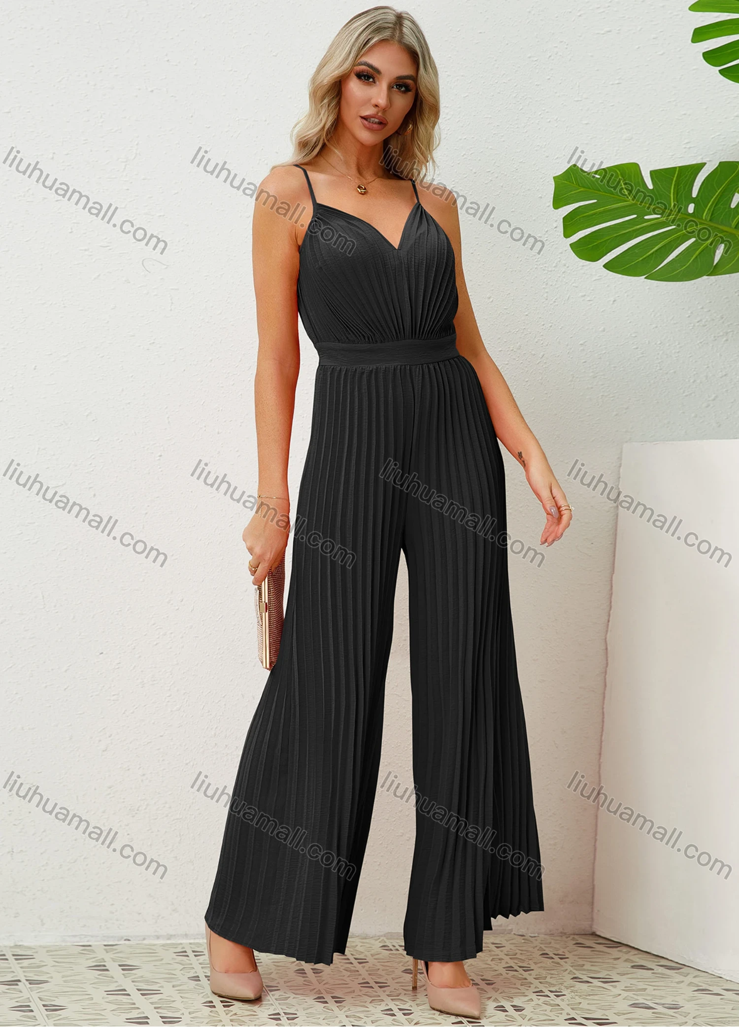 Wholesale Women's Elegant Plain V Neck Pleated Adjustable Spaghetti Strap Wide Leg Cami Jumpsuit - Liuhuamall