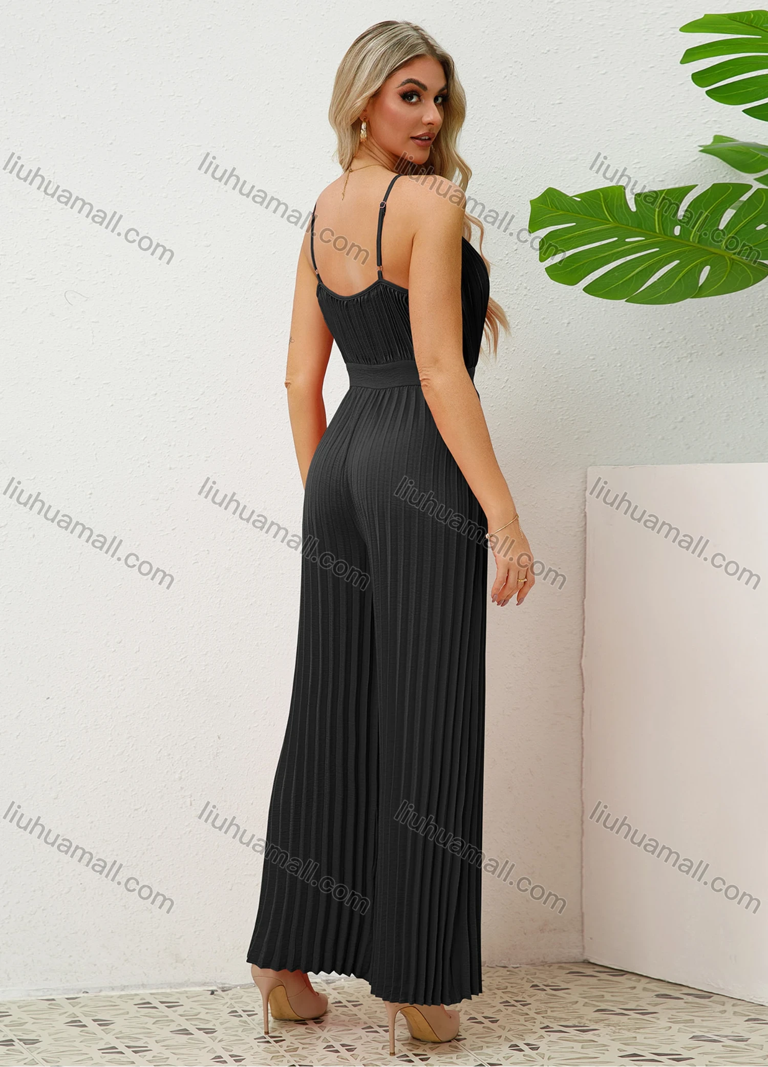 Wholesale Women's Elegant Plain V Neck Pleated Adjustable Spaghetti Strap Wide Leg Cami Jumpsuit - Liuhuamall