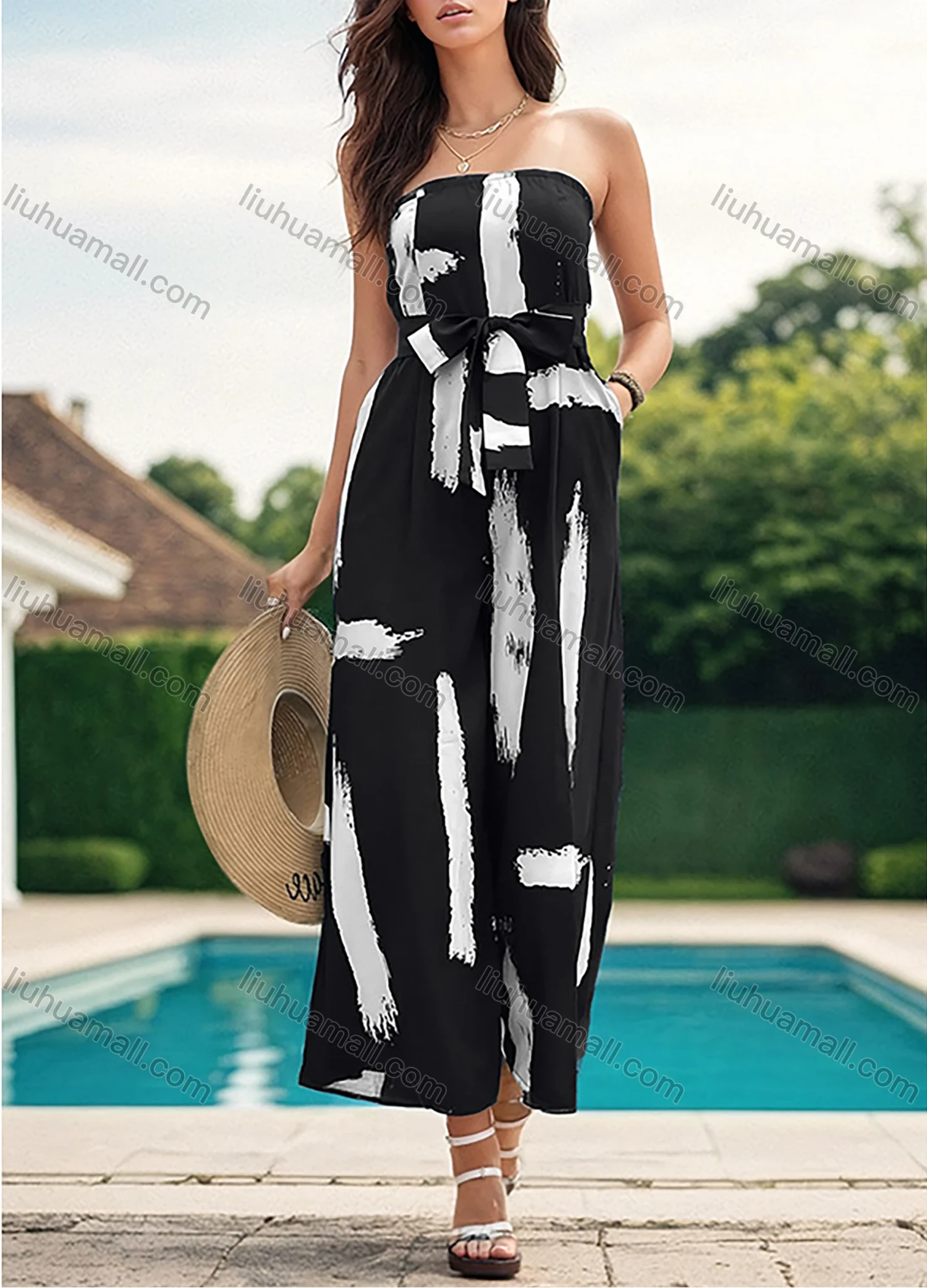 Wholesale Women's Fashion Strapless Patch Pocket Tie Front Abstract Print Open Back Wide Leg Jumpsuit - Liuhuamall