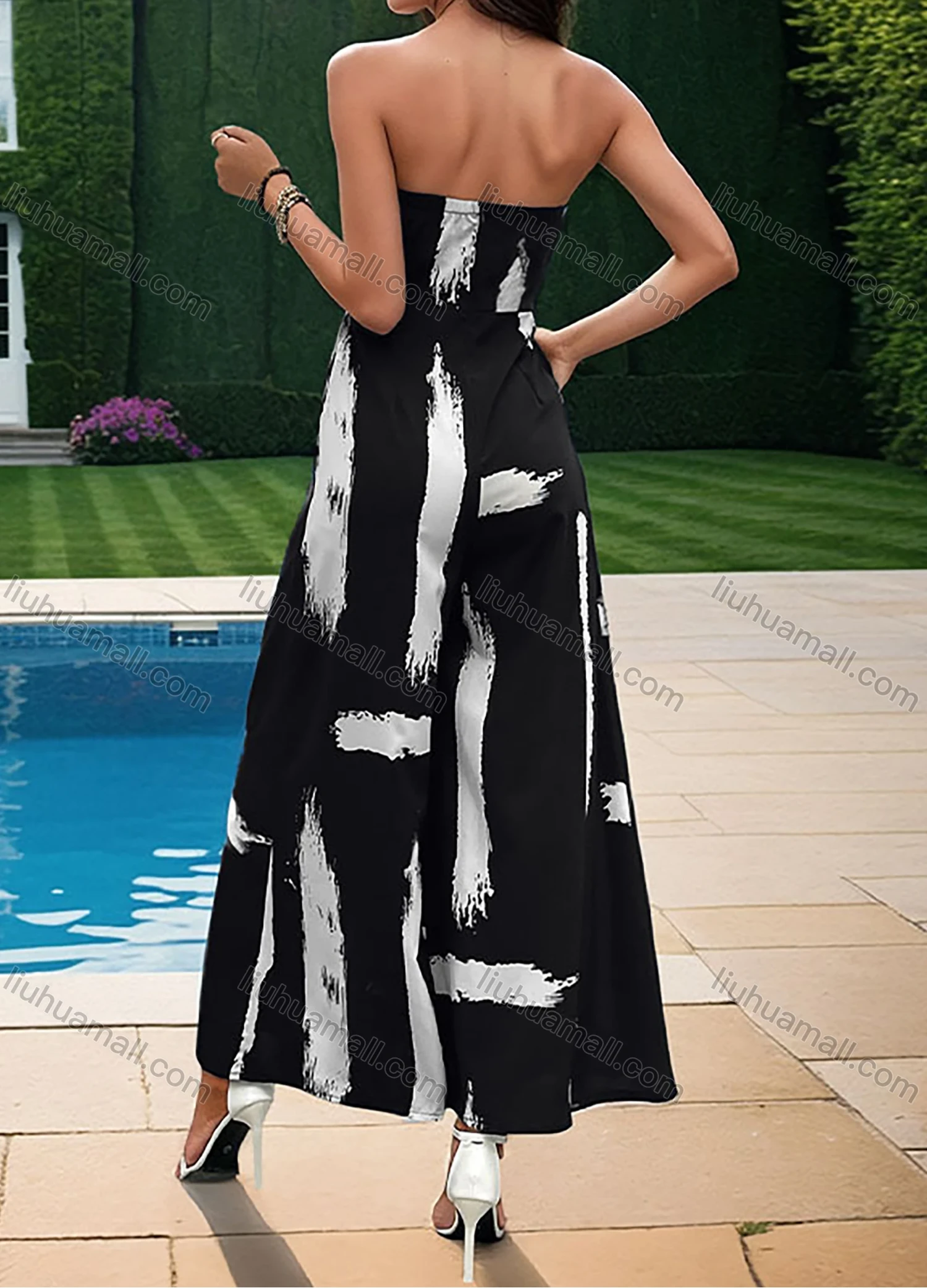 Wholesale Women's Fashion Strapless Patch Pocket Tie Front Abstract Print Open Back Wide Leg Jumpsuit - Liuhuamall