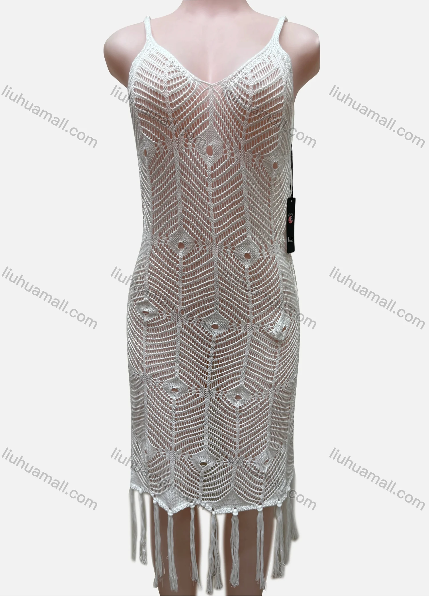 Wholesale Women's Vacation Sleeveless Hollow Out Tassel Hem Cover Up Dress J2441A# - Liuhuamall