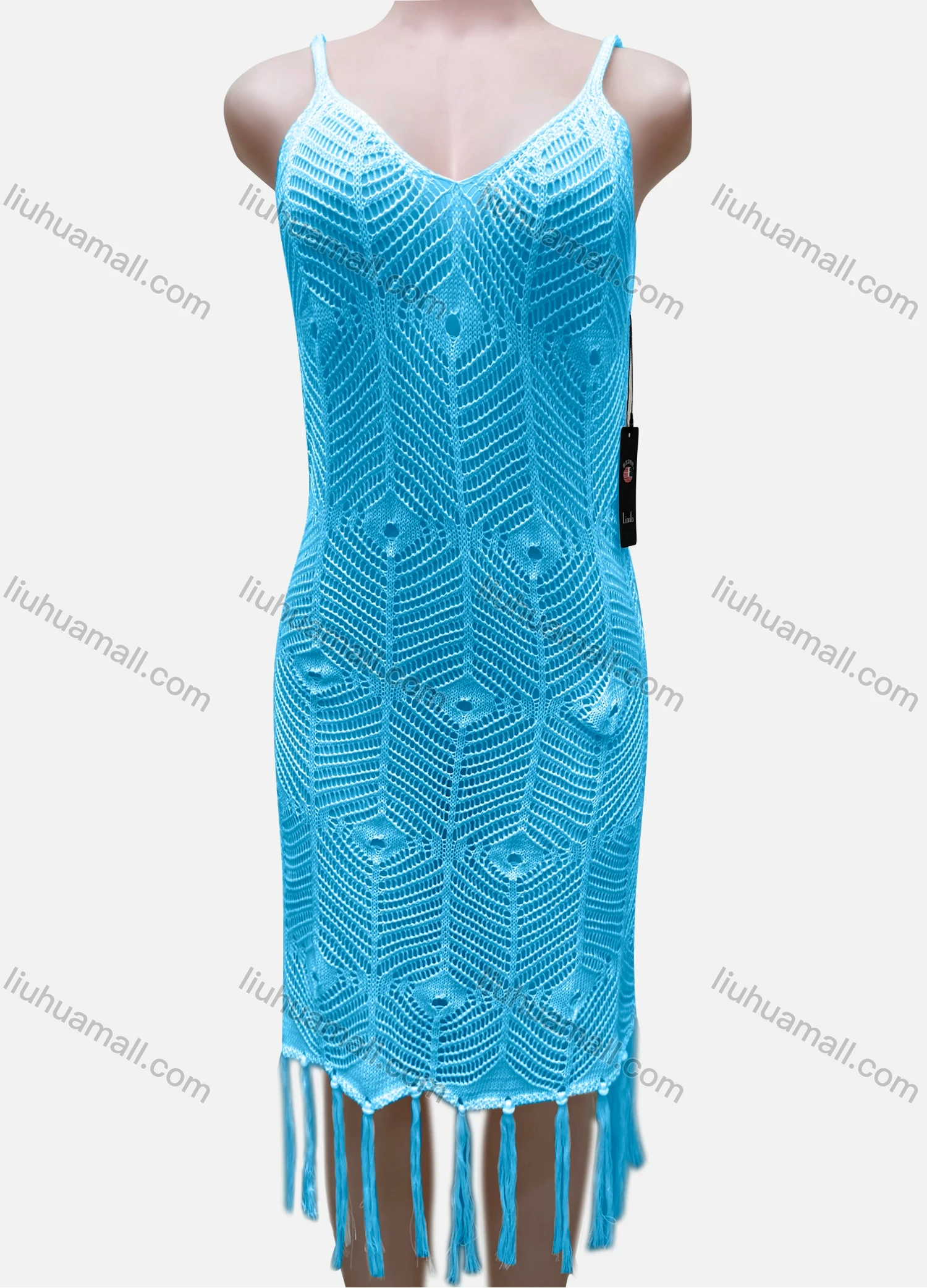 Wholesale Women's Vacation Sleeveless Hollow Out Tassel Hem Cover Up Dress J2441A# - Liuhuamall